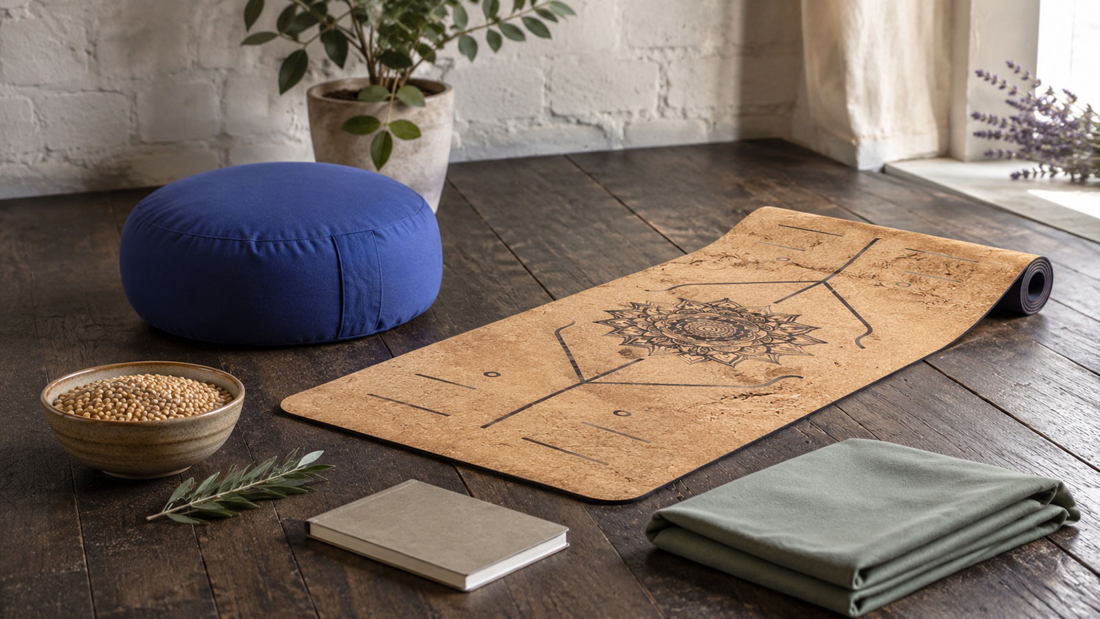 Yogamatte mit Meditationskissen im ruhigen Raum Ruhige Yoga-Matte mit pflanzlicher Mahlzeit, Naturmaterialien und Alltagsgegenständen als Symbol für Ahimsa im Alltag