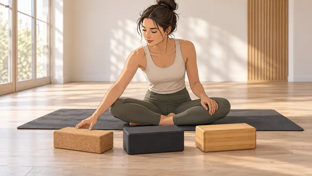 Frau beim Yoga mit drei Yogablöcken Frau wählt zwischen Yogablöcken aus Kork, EVA und Bambus