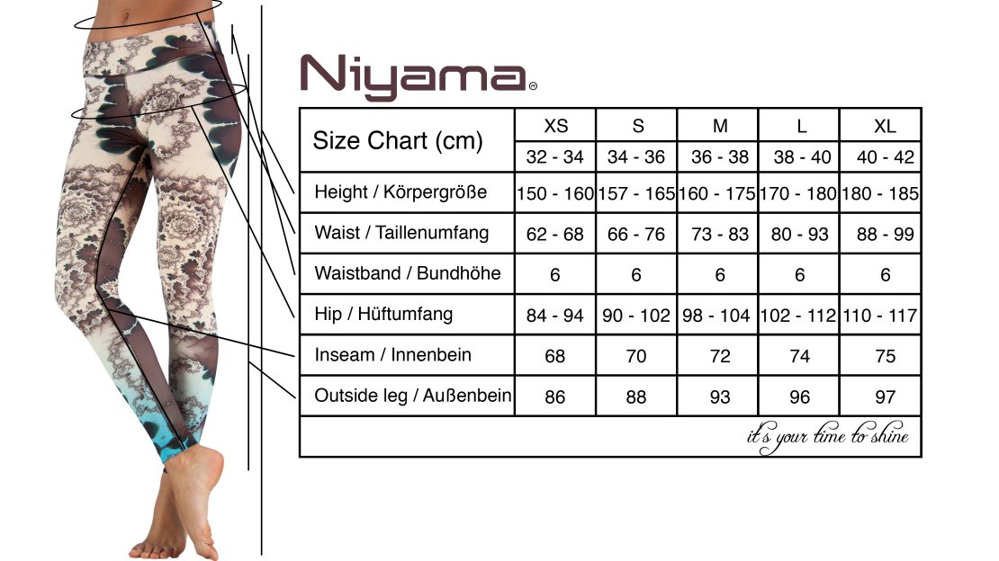 Niyama Größentabelle - Yoga Leggings, Pants & Shorts, die sitzen :)