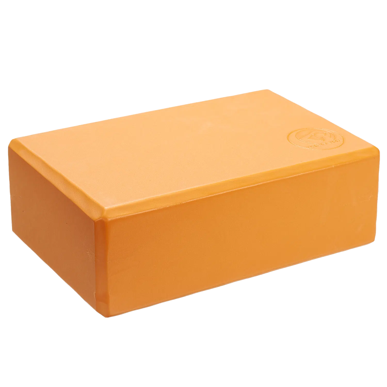 Ein orangefarbener Yoga-Block aus Schaumstoff mit Logo-Prägung