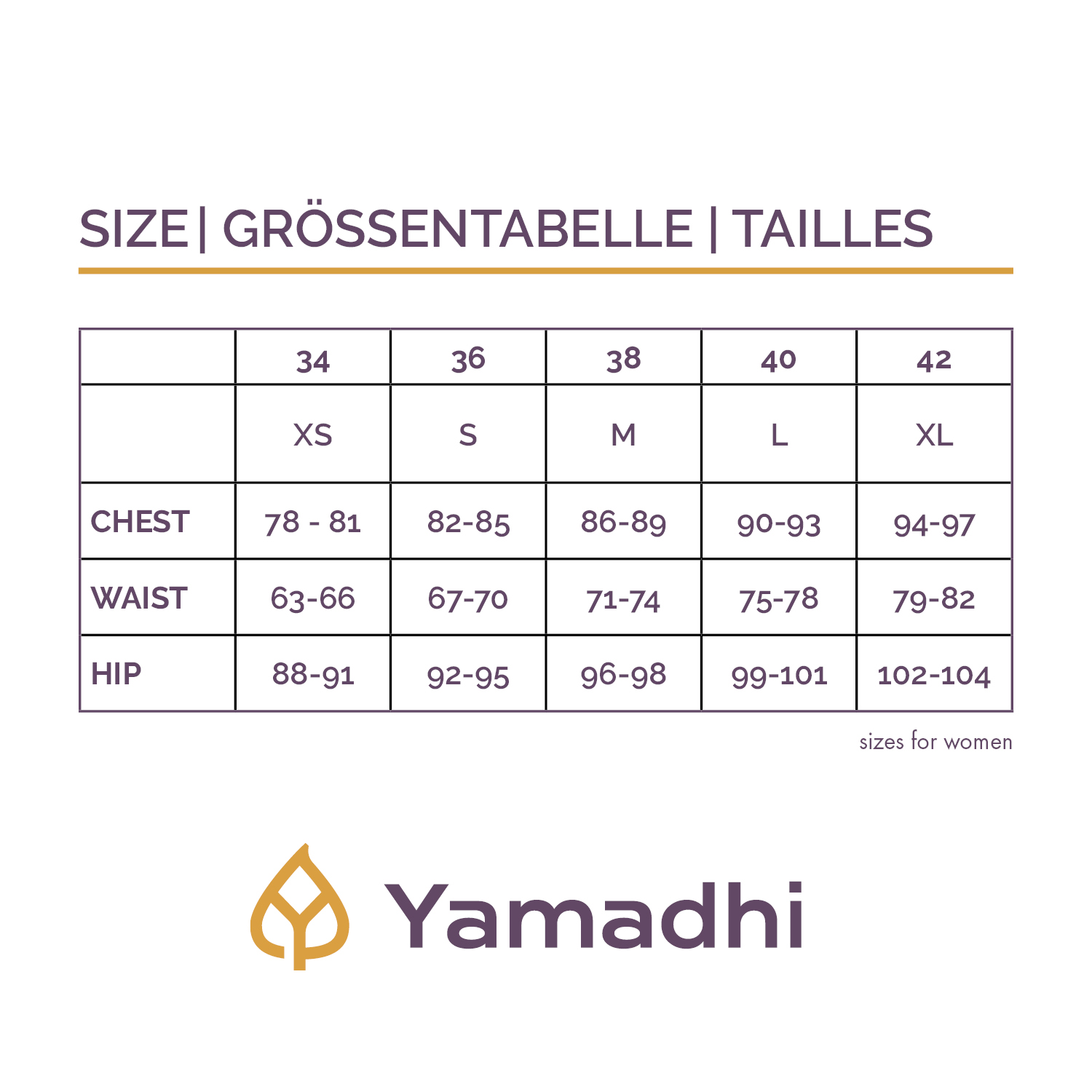 Größentabelle für Damen mit Größen XS bis XL, Brust, Taille und Hüftmaße.