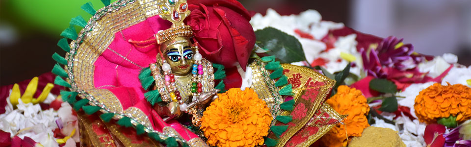 Kleine verzierte Statue einer Hindu-Gottheit, umgeben von bunten Blumen wie Ringelblumen und Rosen.