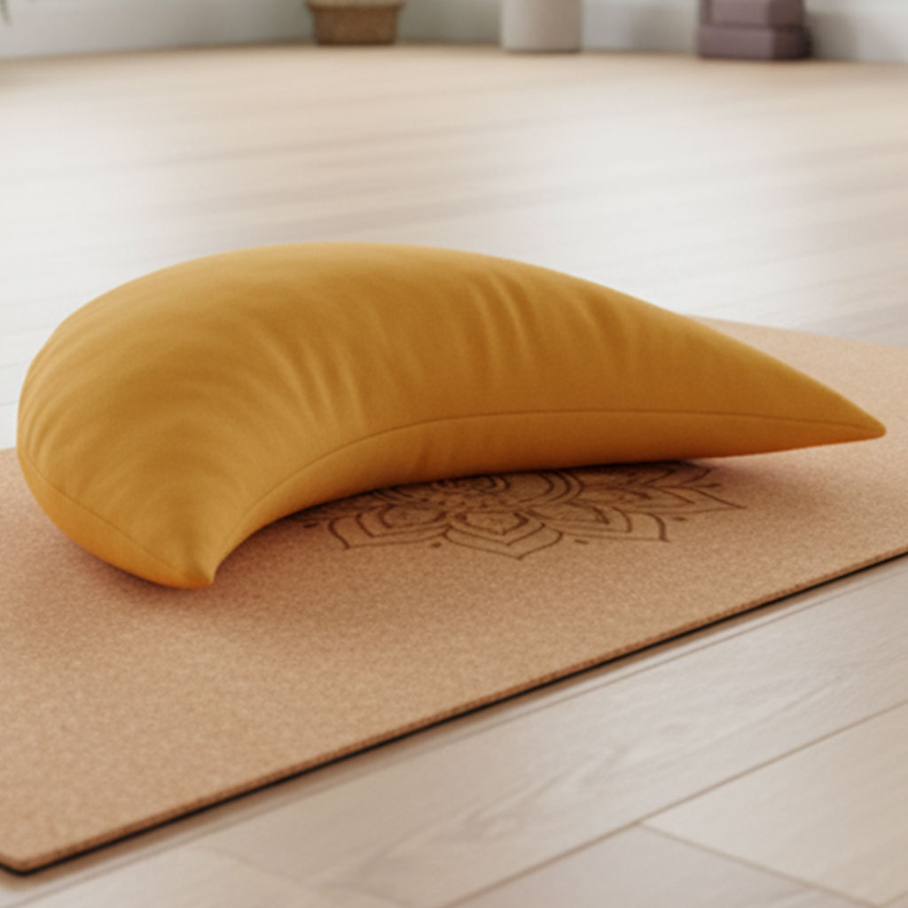 Ein gelbes, halbmondförmiges Kissen liegt auf einer Yogamatte mit einem Mandala-Muster in einem hellen Raum.