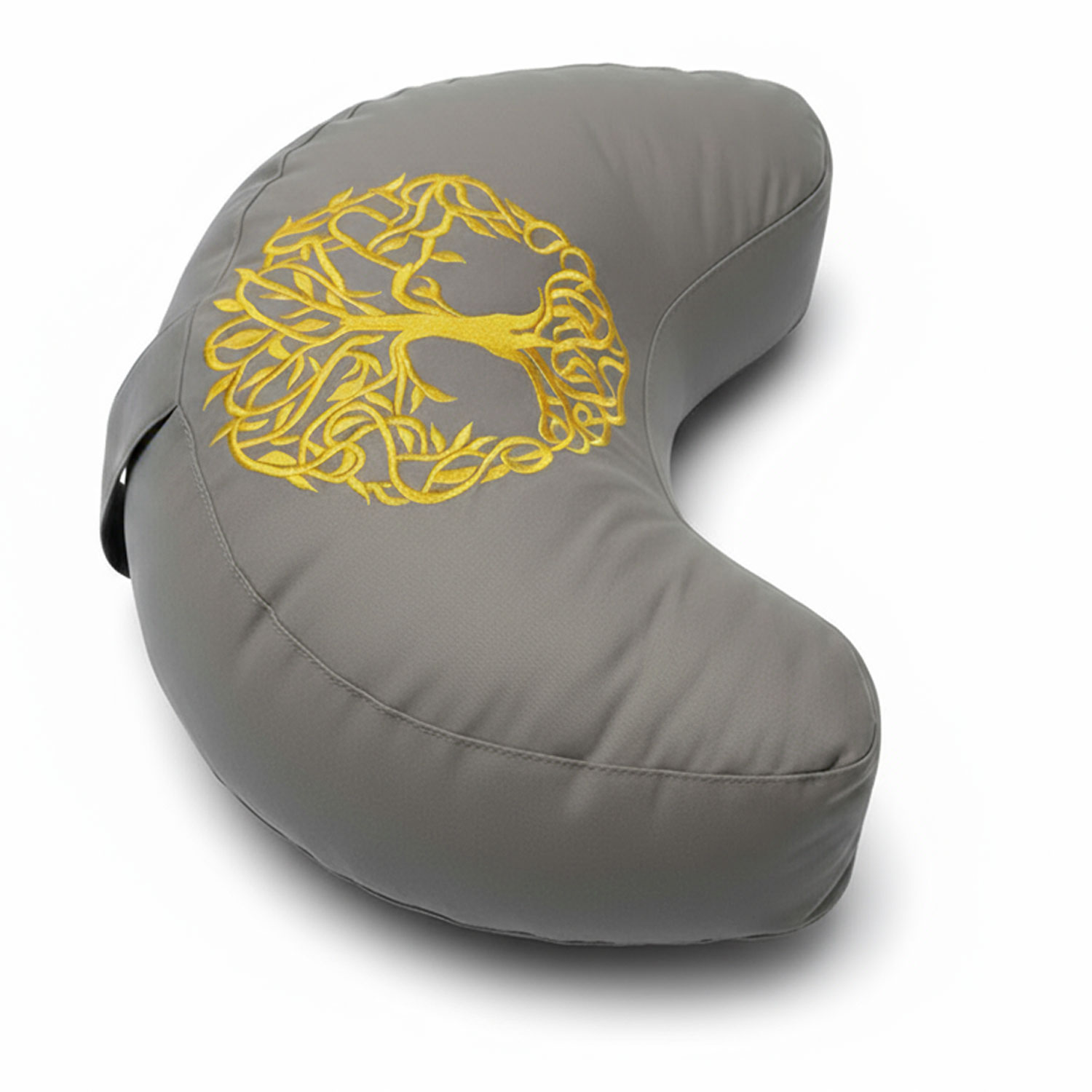 Graues, halbmondförmiges Kissen mit gelbem Baumdesign