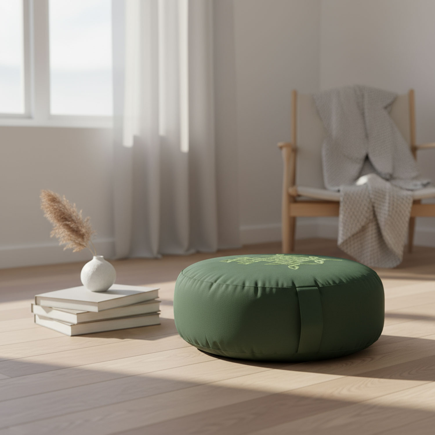 Ein Raum mit einem grünen Meditationskissen, einer Vase auf Büchern und einem Stuhl mit Decke.