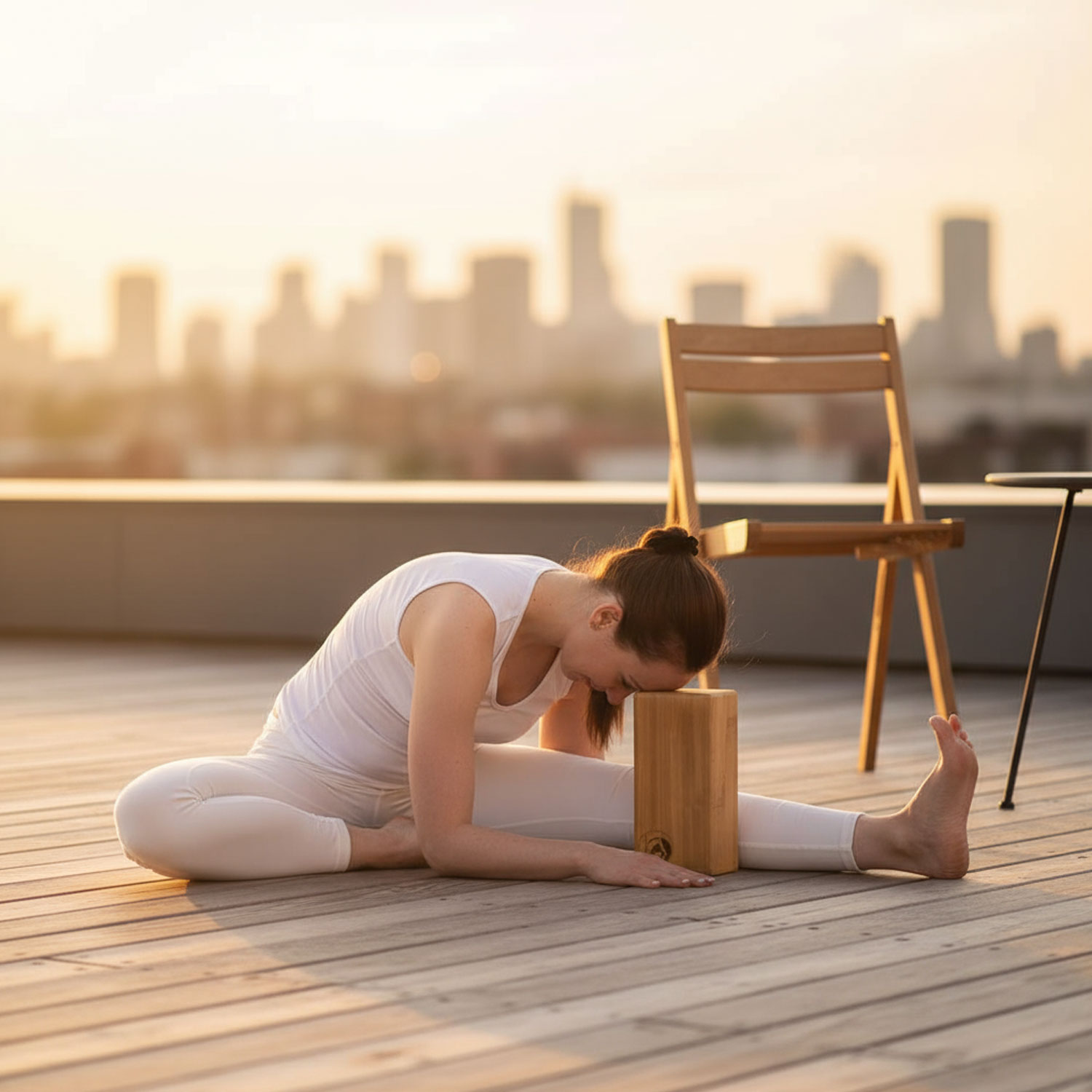 Eine Frau in weißer Kleidung macht Yoga auf einer Dachterrasse. Sie nutzt einen Yogablock und ist von einem Stuhl umgeben. Im Hintergrund ist eine Stadtansicht bei Sonnenuntergang zu sehen.