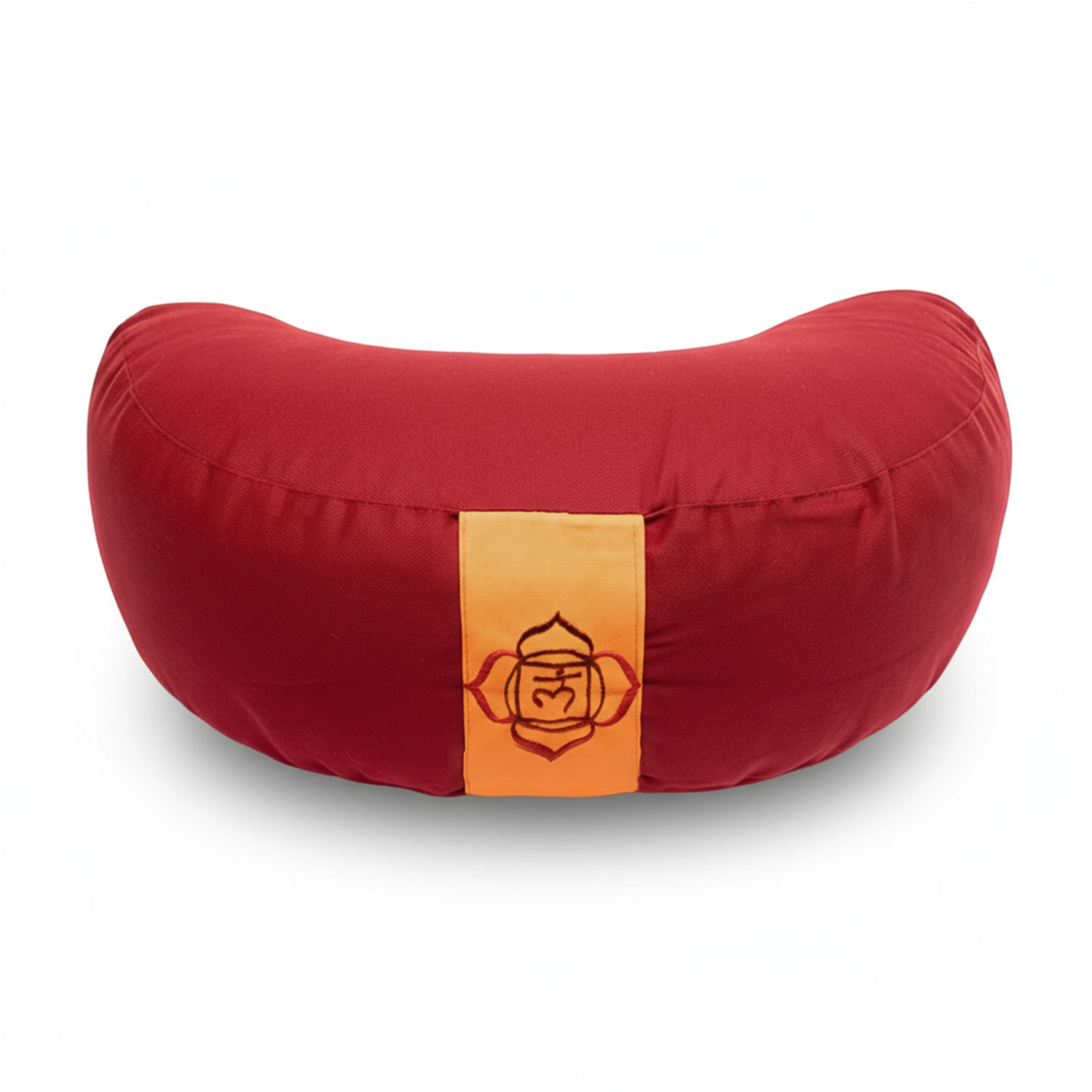 Rotes halbmondförmiges Meditationskissen mit Logo