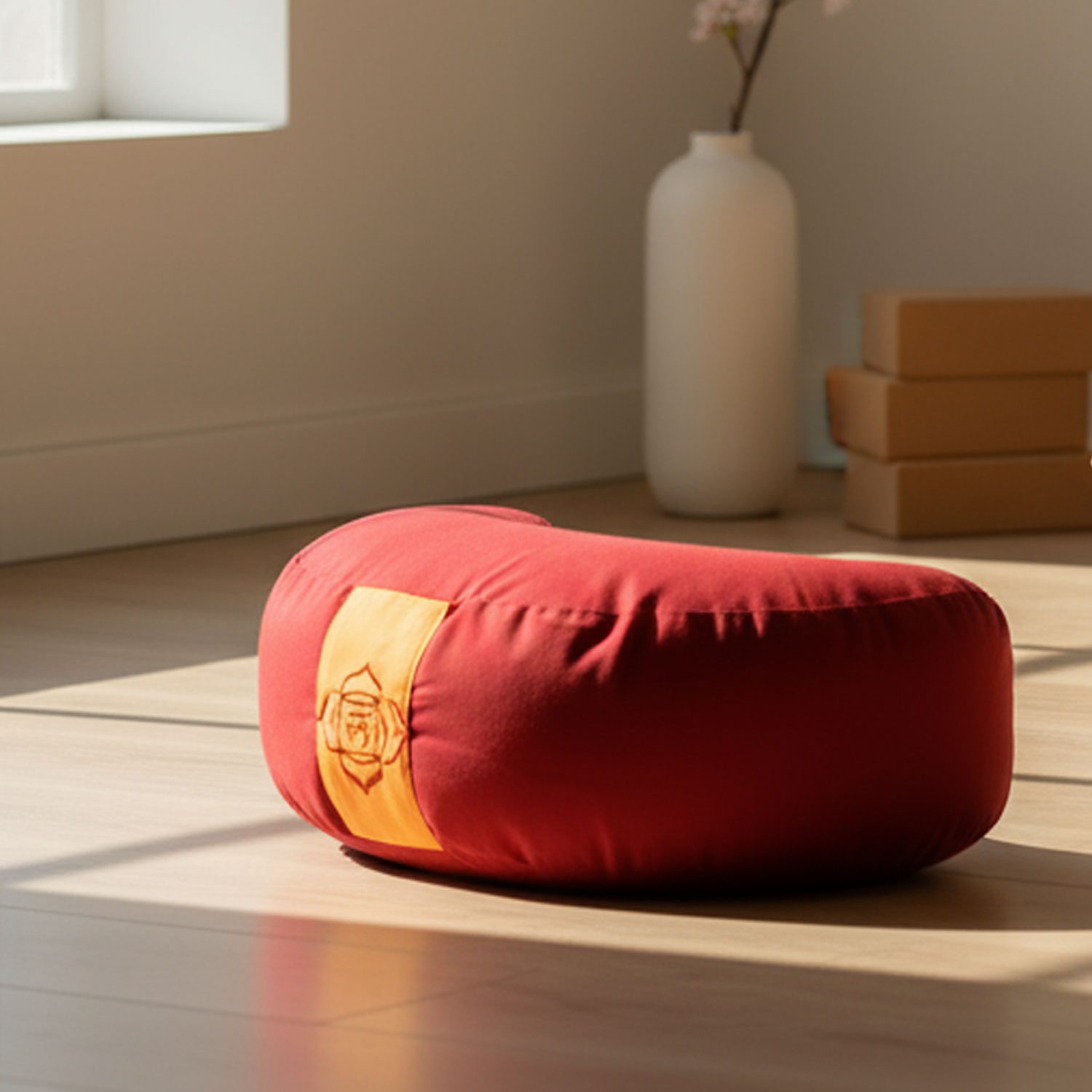 Ein rotes Meditationskissen auf einem Holzboden, daneben eine Vase und Kartons.