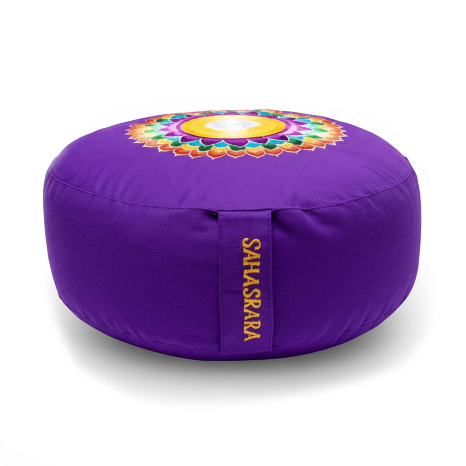 Lila Meditationskissen mit bunter Mandala-Stickerei und Schriftzug Sahasrara