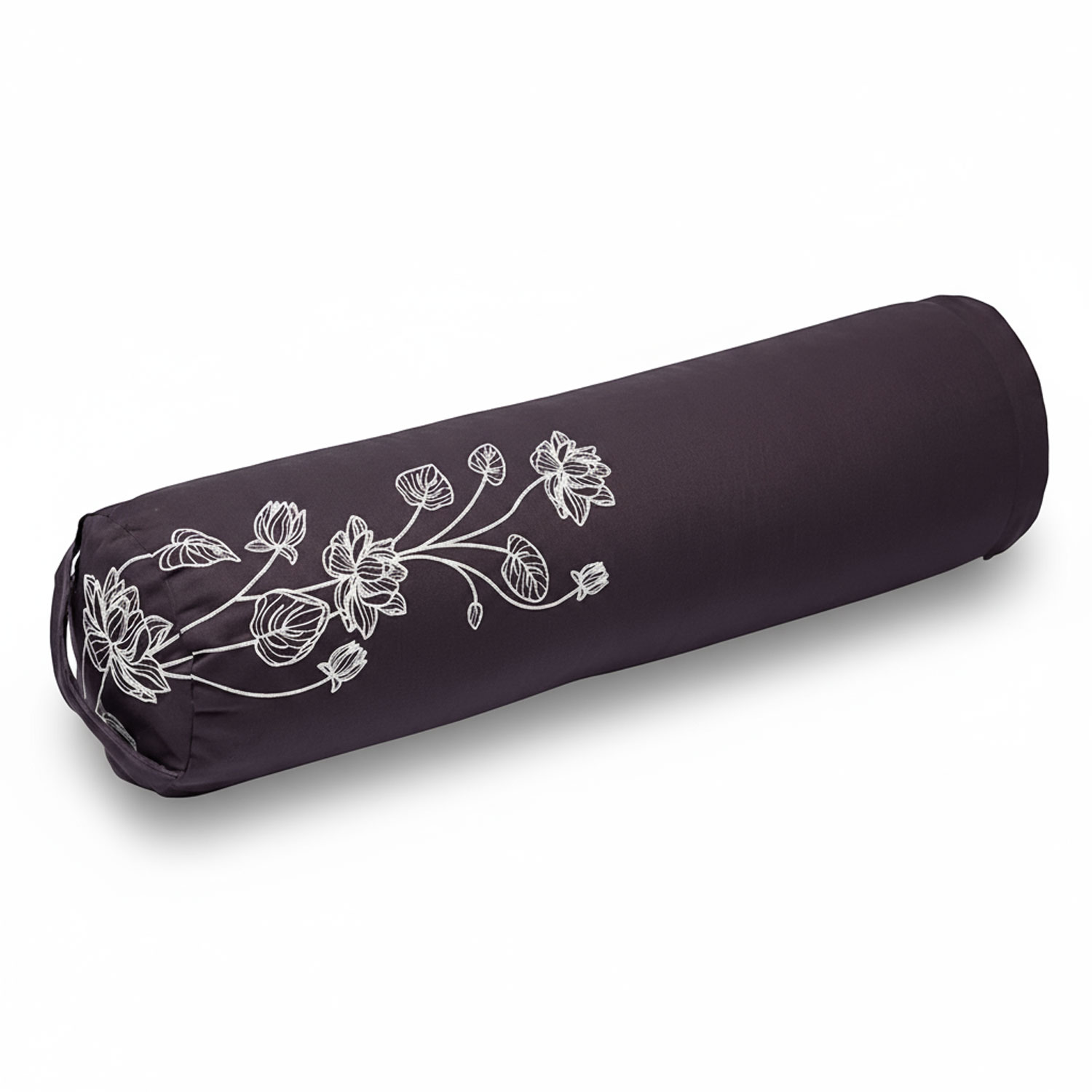 Ein rundes, dunkelviolettes Yogakissen mit weißen Blumenstickereien.