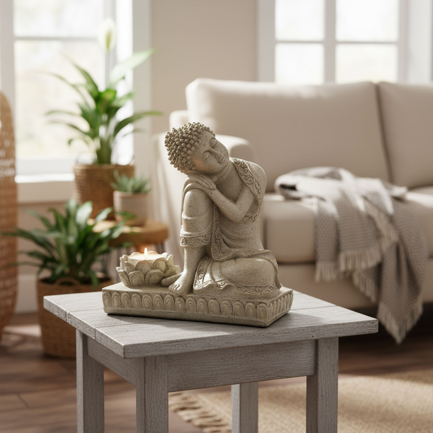 Buddha-Statue mit Kerze, dekorativer Tisch im Wohnzimmer