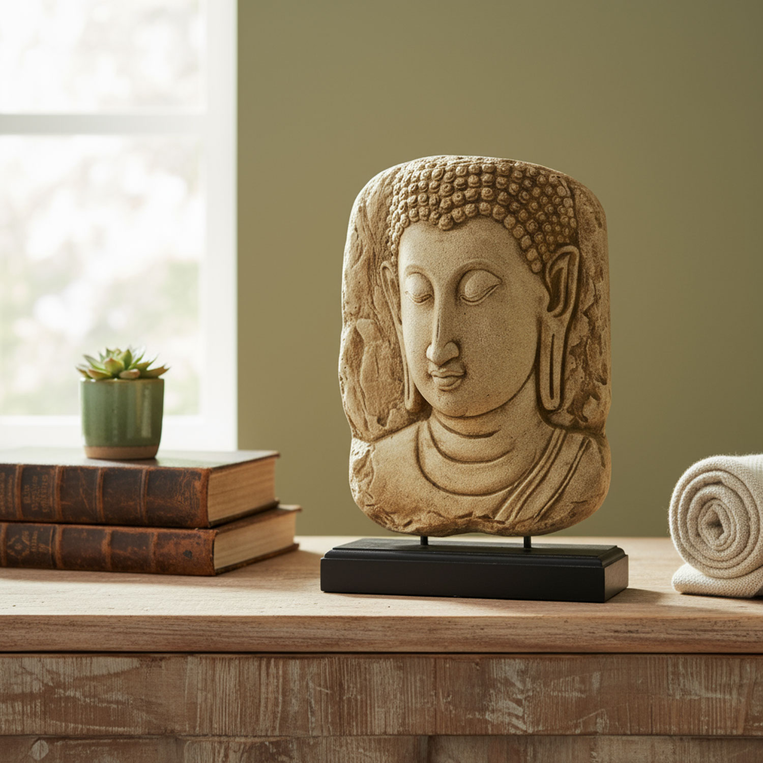 Buddha-Skulptur auf einem Tisch neben Büchern und einer Pflanze