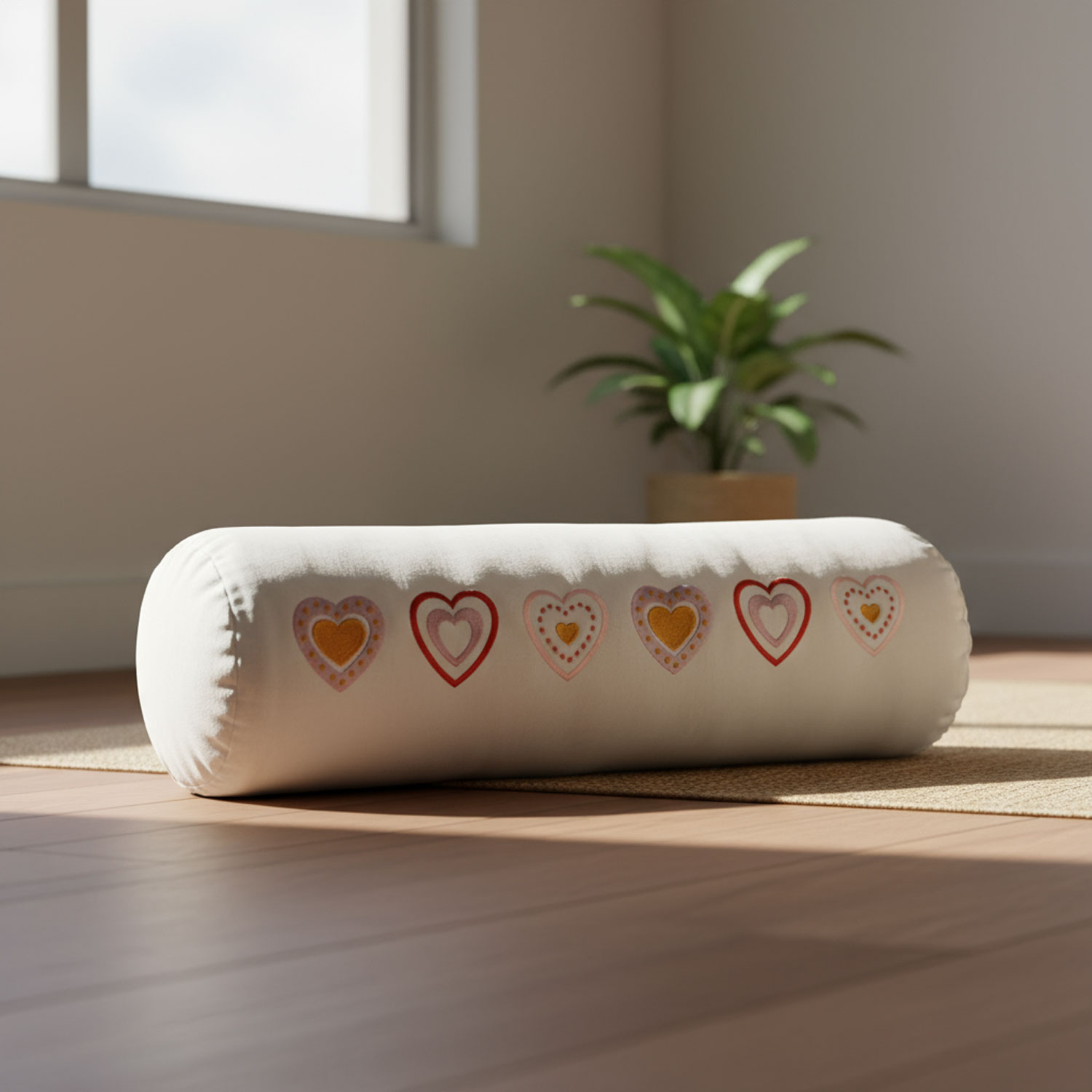 Ein langes, zylindrisches Kissen mit Herzmotiven in einem hellen Raum.