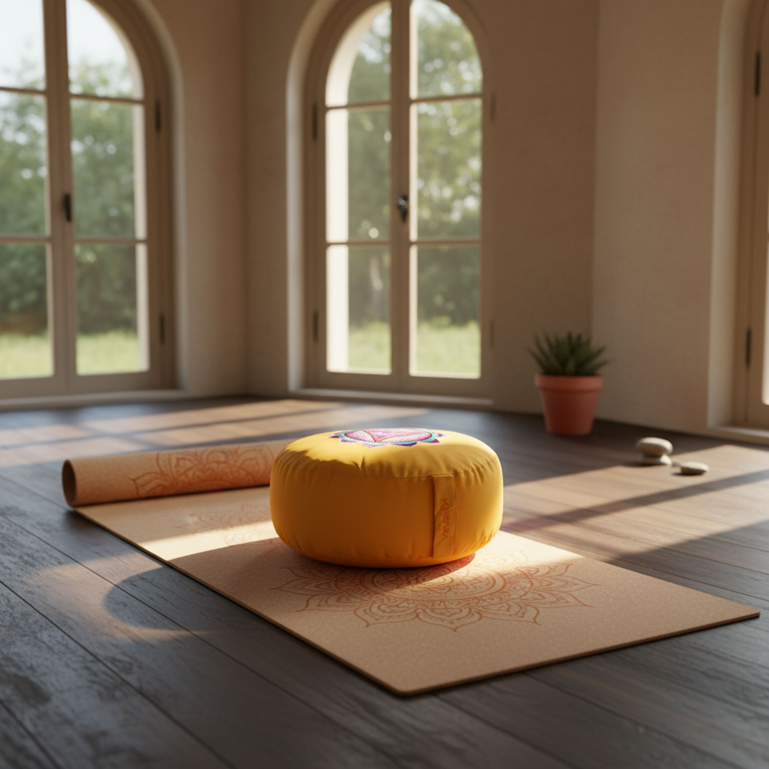 Ein heller Yoga-Meditationsraum mit einem gelben Kissen auf einer Yogamatte, zwei Steinen und einer Topfpflanze neben großen Fenstern.