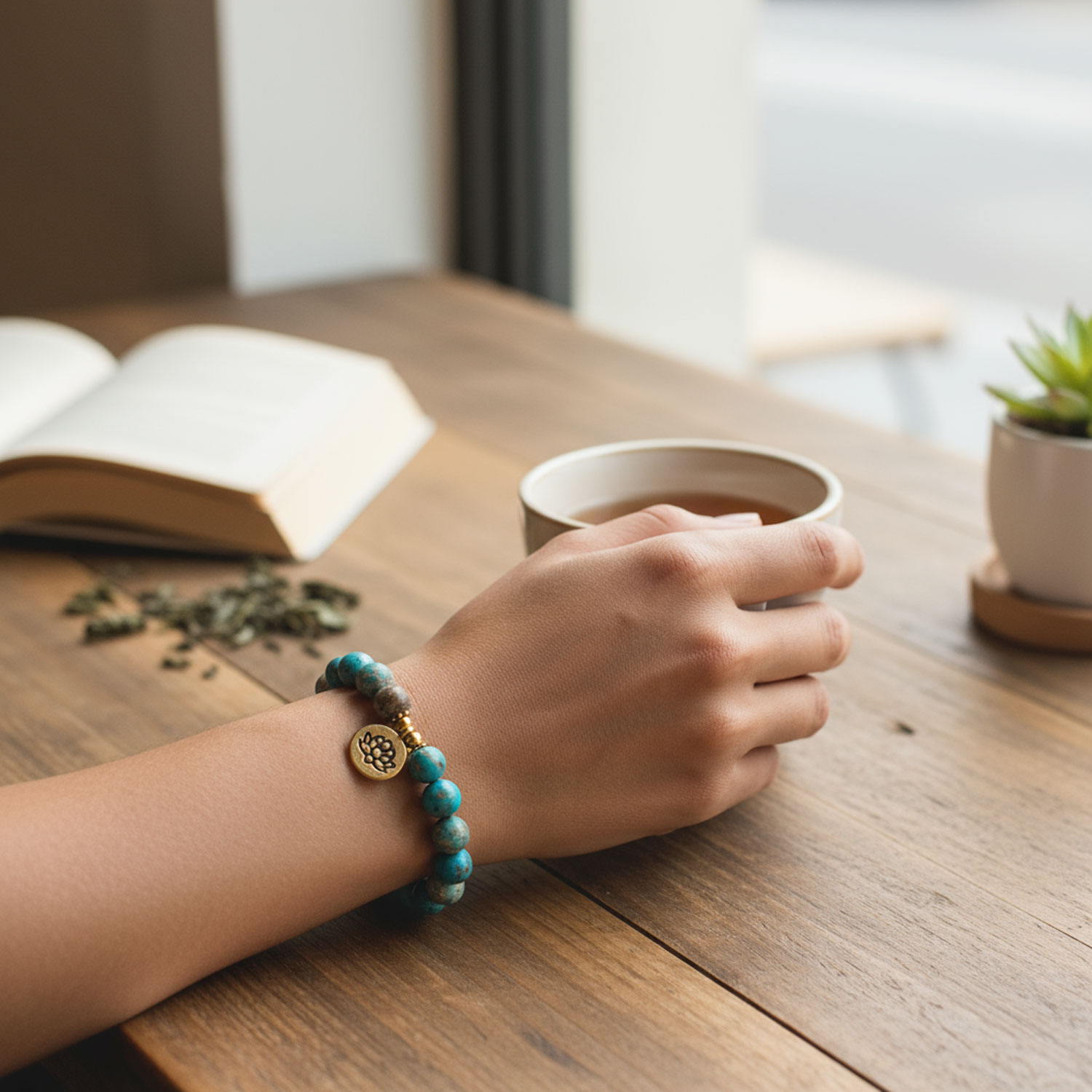 Eine Hand mit einem türkisfarbenen Armband hält eine Tasse Kaffee. Auf dem Tisch liegen ein geöffnetes Buch, Teeblätter und eine kleine Pflanze.