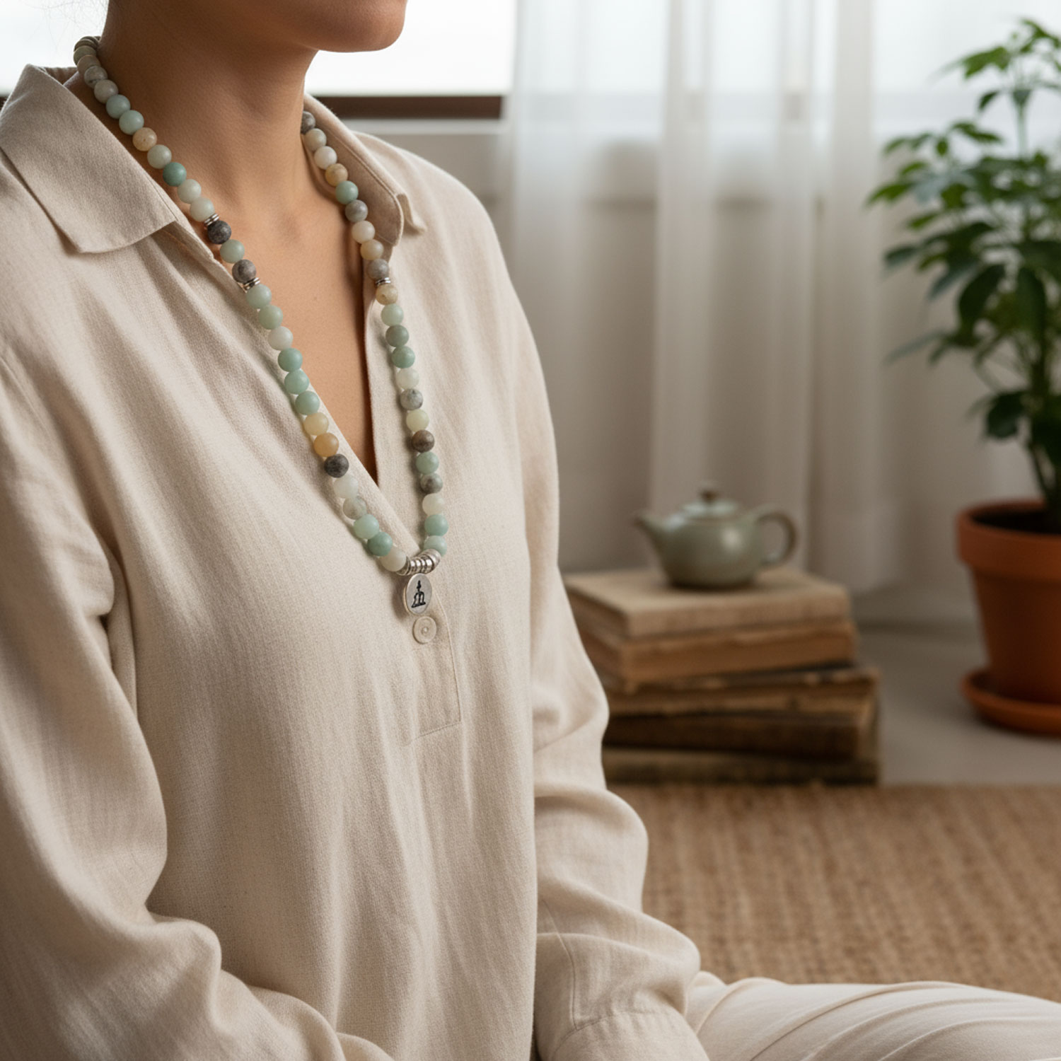 Person im beigen Outfit sitzt im Zimmer und trägt eine Mala-Kette, im Hintergrund ein Teekännchen und Pflanzen.