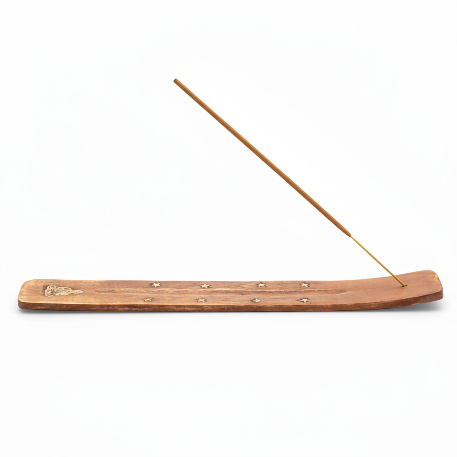 Ein Holzhalter für Räucherstäbchen mit einem eingesteckten Stäbchen