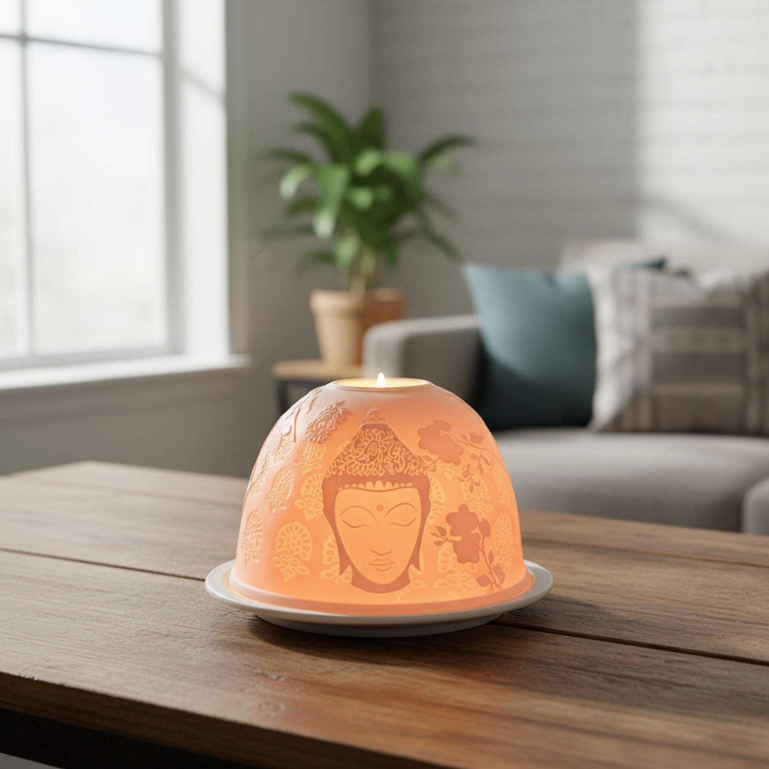 Leuchtende Kerze mit Buddha-Motiv auf einem Holztisch im Wohnzimmer mit Sofa und Pflanze im Hintergrund.