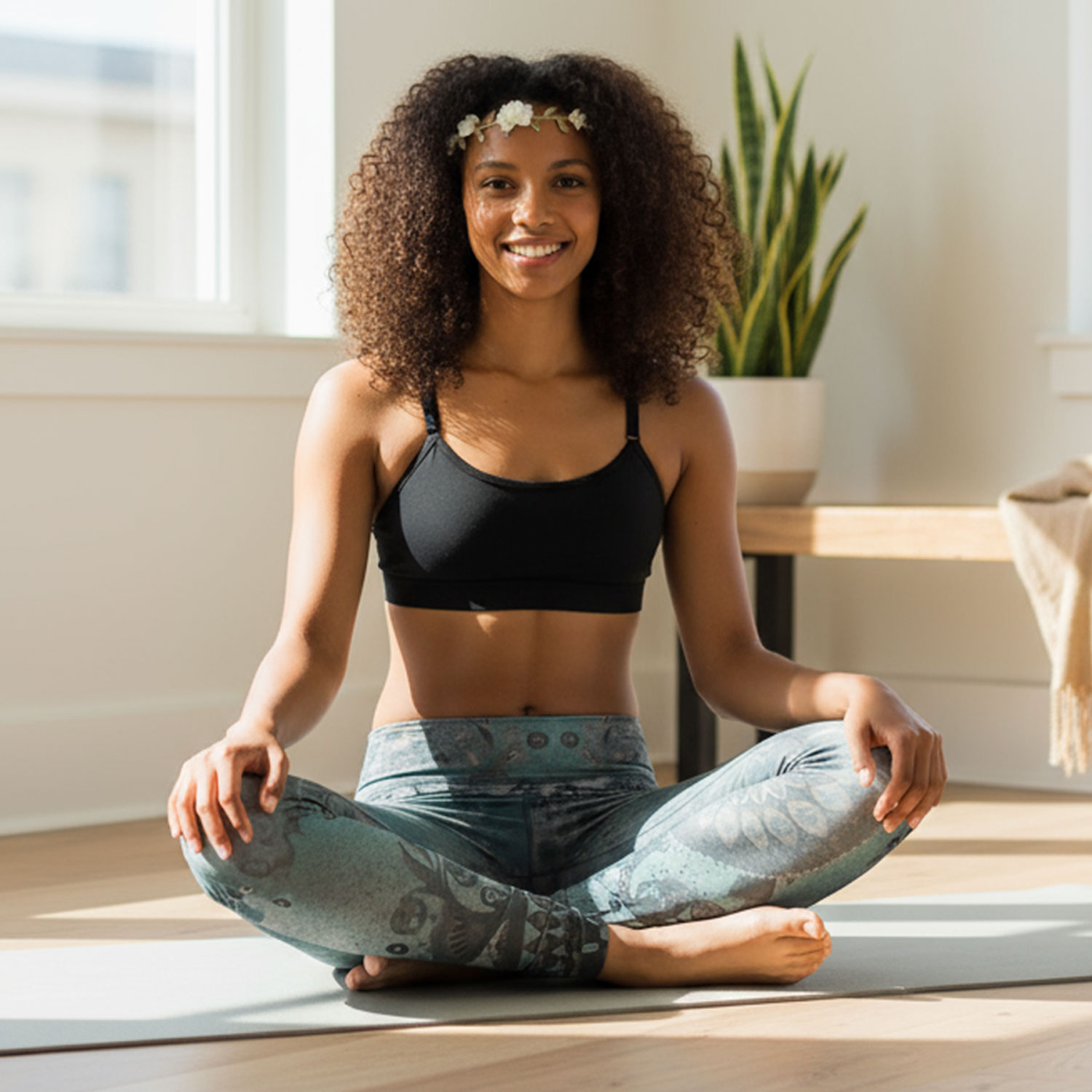 Eine lächelnde Frau sitzt im Schneidersitz auf einer Yogamatte in einem hellen Raum, trägt ein schwarzes Top und gemusterte Leggings.