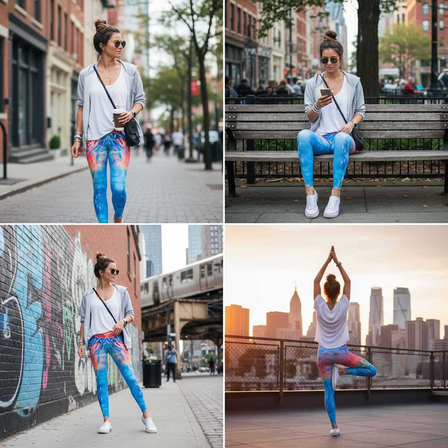 Collage von einer Frau, die in der Stadt spazieren geht, auf einer Bank sitzt, vor Graffiti posiert und Yoga mit Skyline im Hintergrund macht.