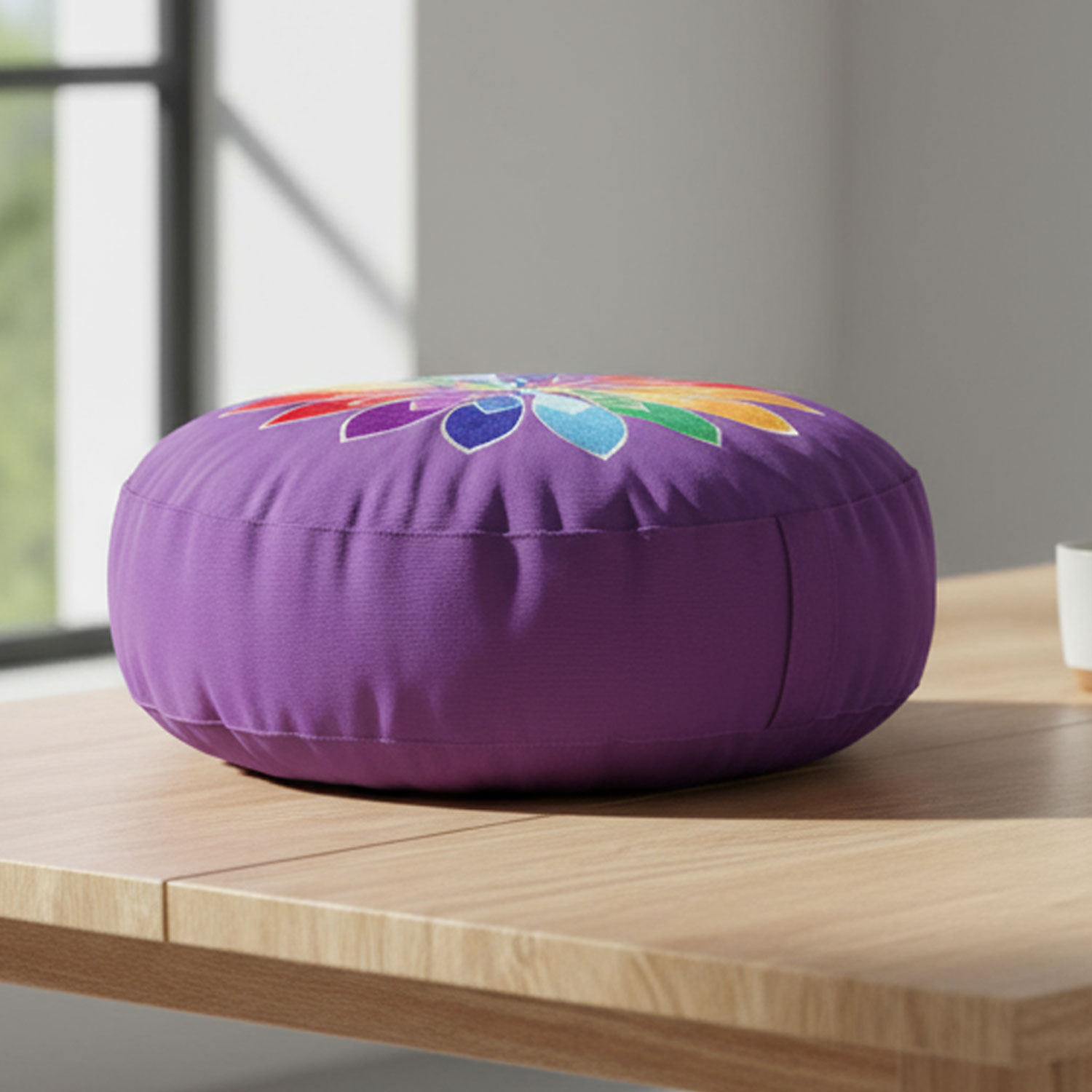 Rundes lila Meditationskissen mit buntem Mandala-Muster, auf einem Holztisch