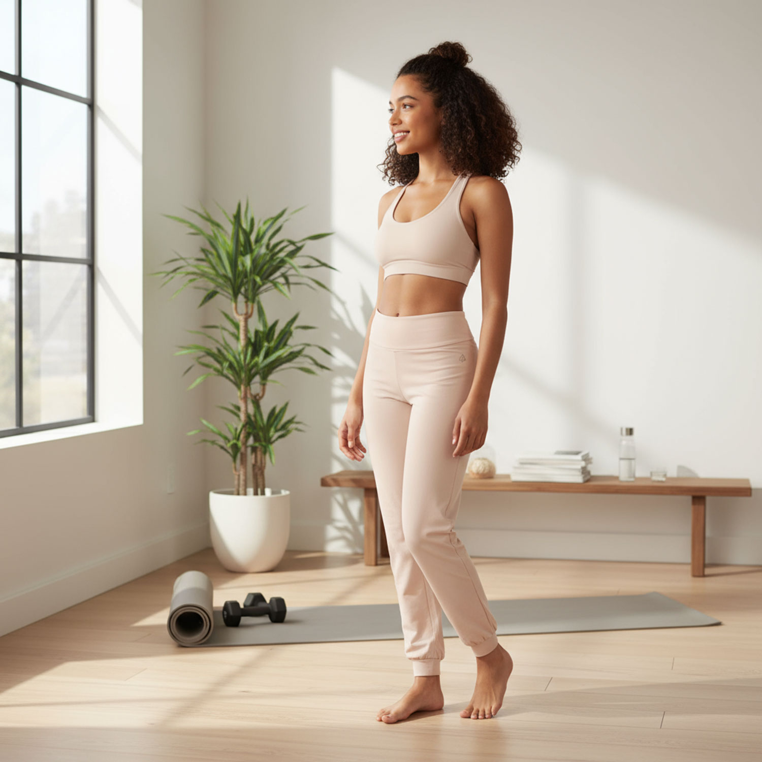 Eine Frau in Sportkleidung steht barfuß in einem hellen Raum, bereit für Yoga, mit einer Yogamatte, Hanteln und einem großen Fenster im Hintergrund.