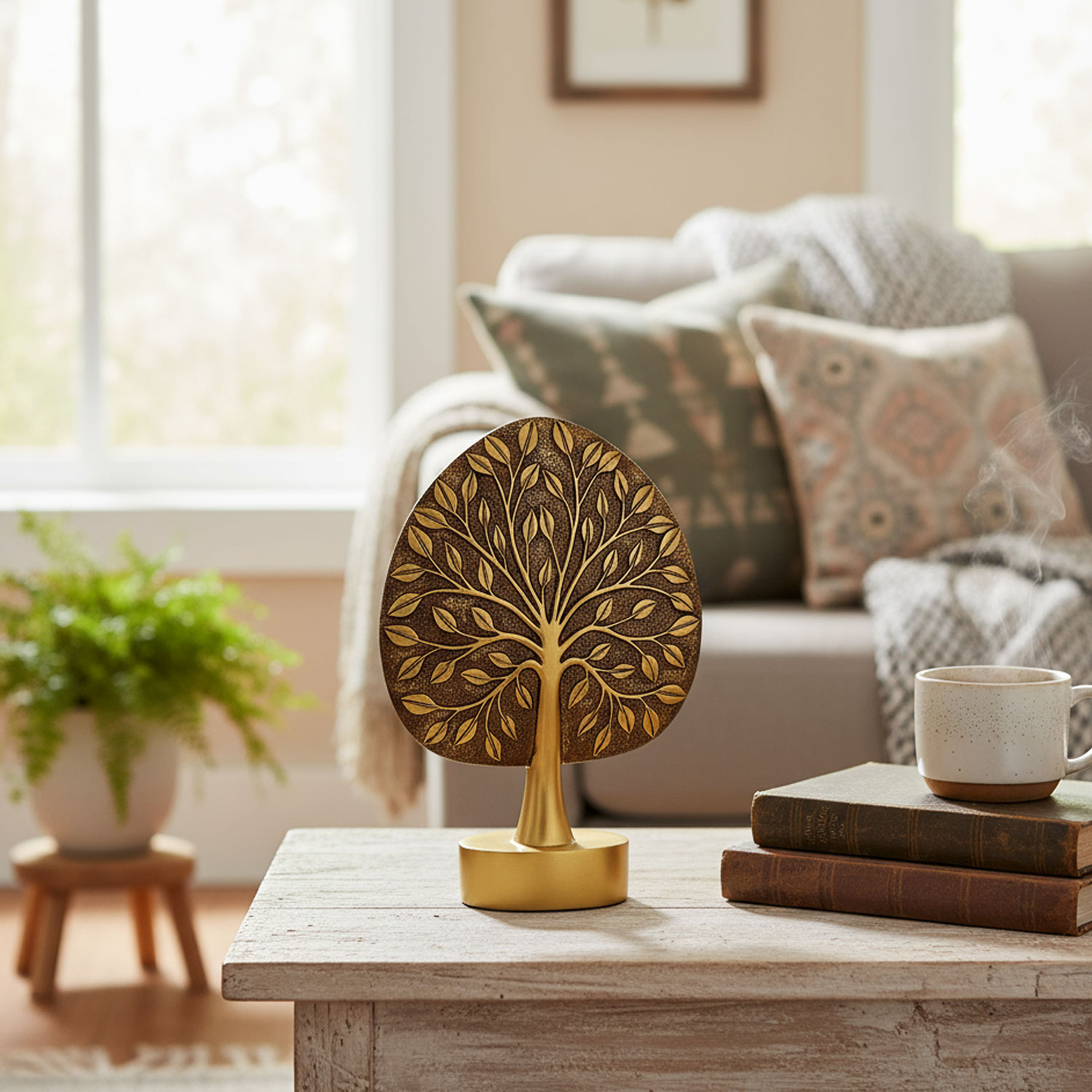 Goldene Baum Skulptur auf einem Tisch, mit Couch und Kissen im Hintergrund