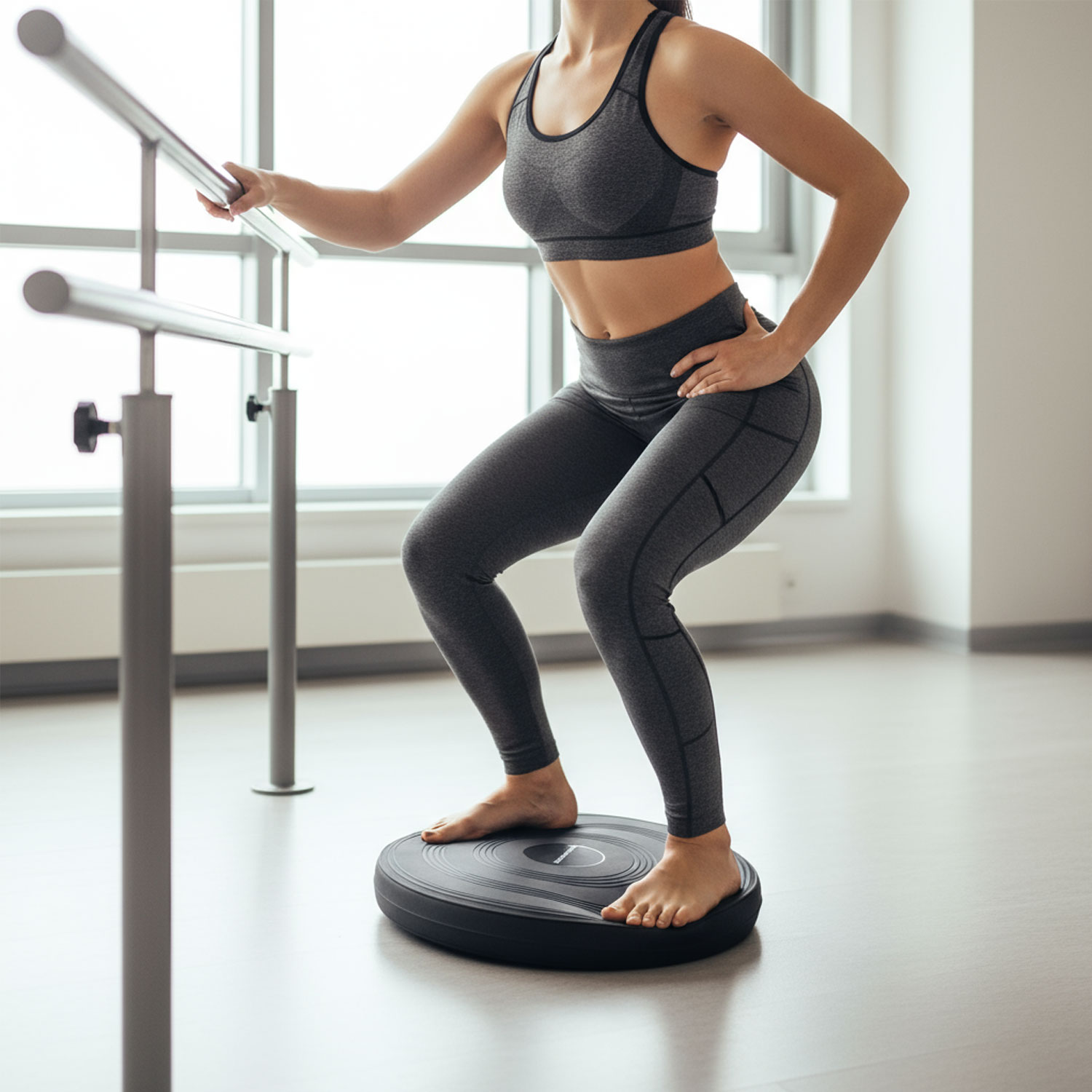 Frau macht Balanceübung auf einem Balance Pad neben Barre im Fitnessstudio