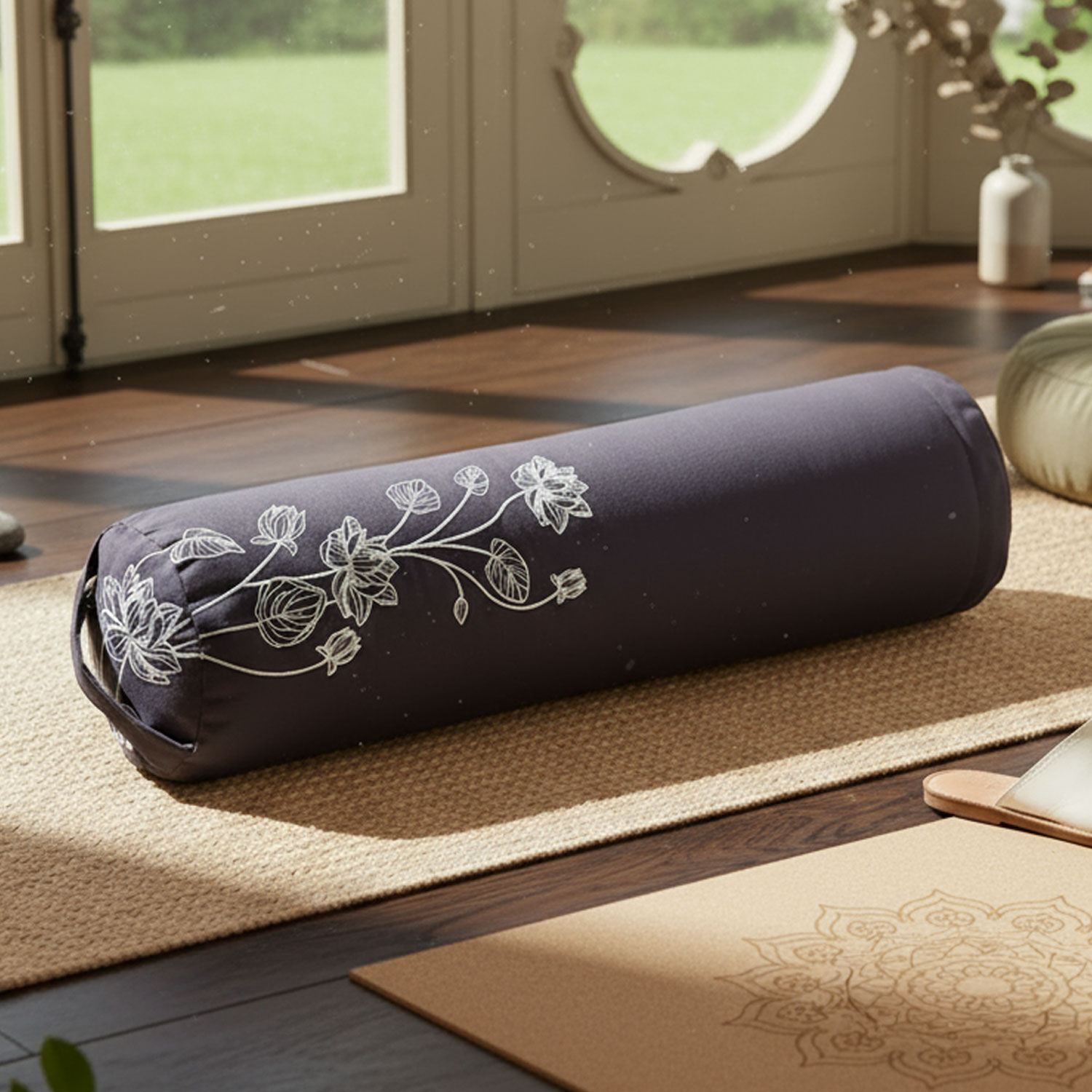 Eine bestickte Yogarolle liegt auf einer Matte in einem hellen Raum.