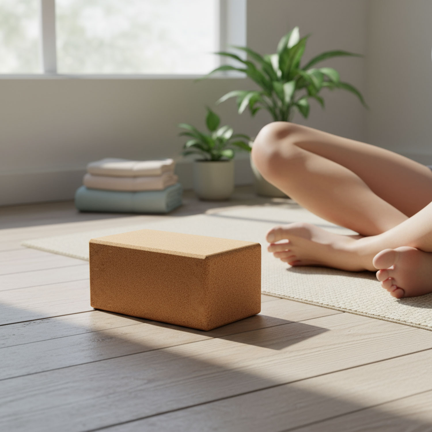 Person sitzt auf Yogamatte, Yoga-Block im Vordergrund
