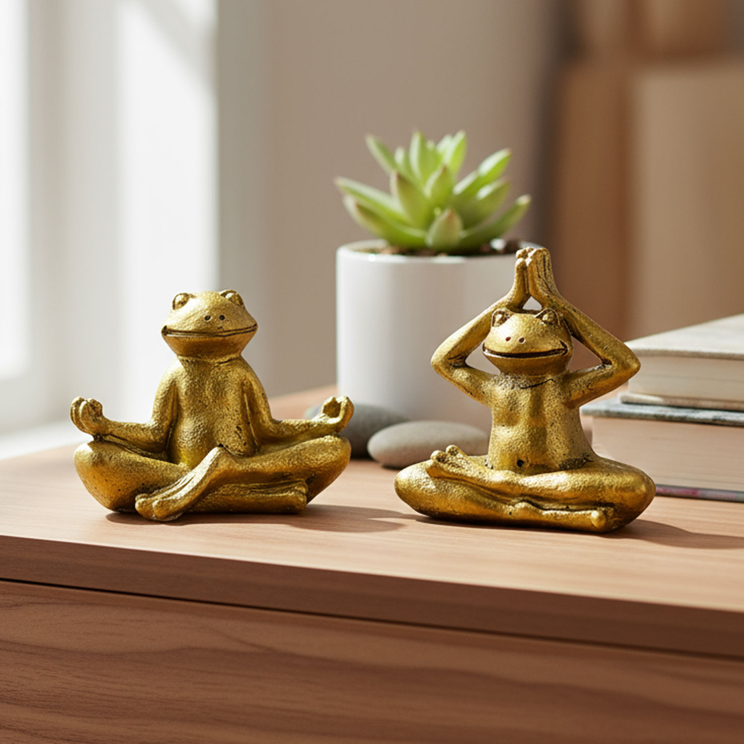 Zwei goldene Froschfiguren in Meditationspose auf einem Tisch neben einem Kaktus.