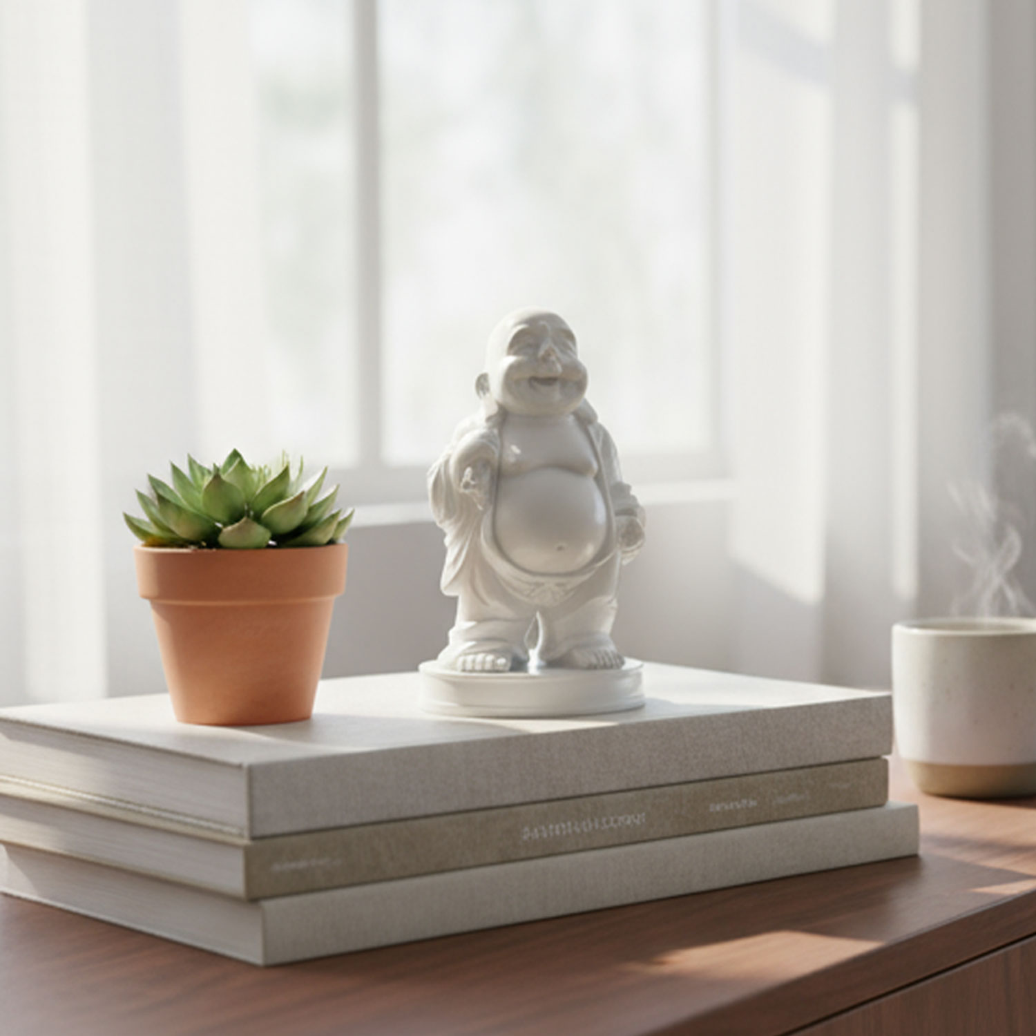 Weiße Buddha Figur und kleine Sukkulente auf Büchern