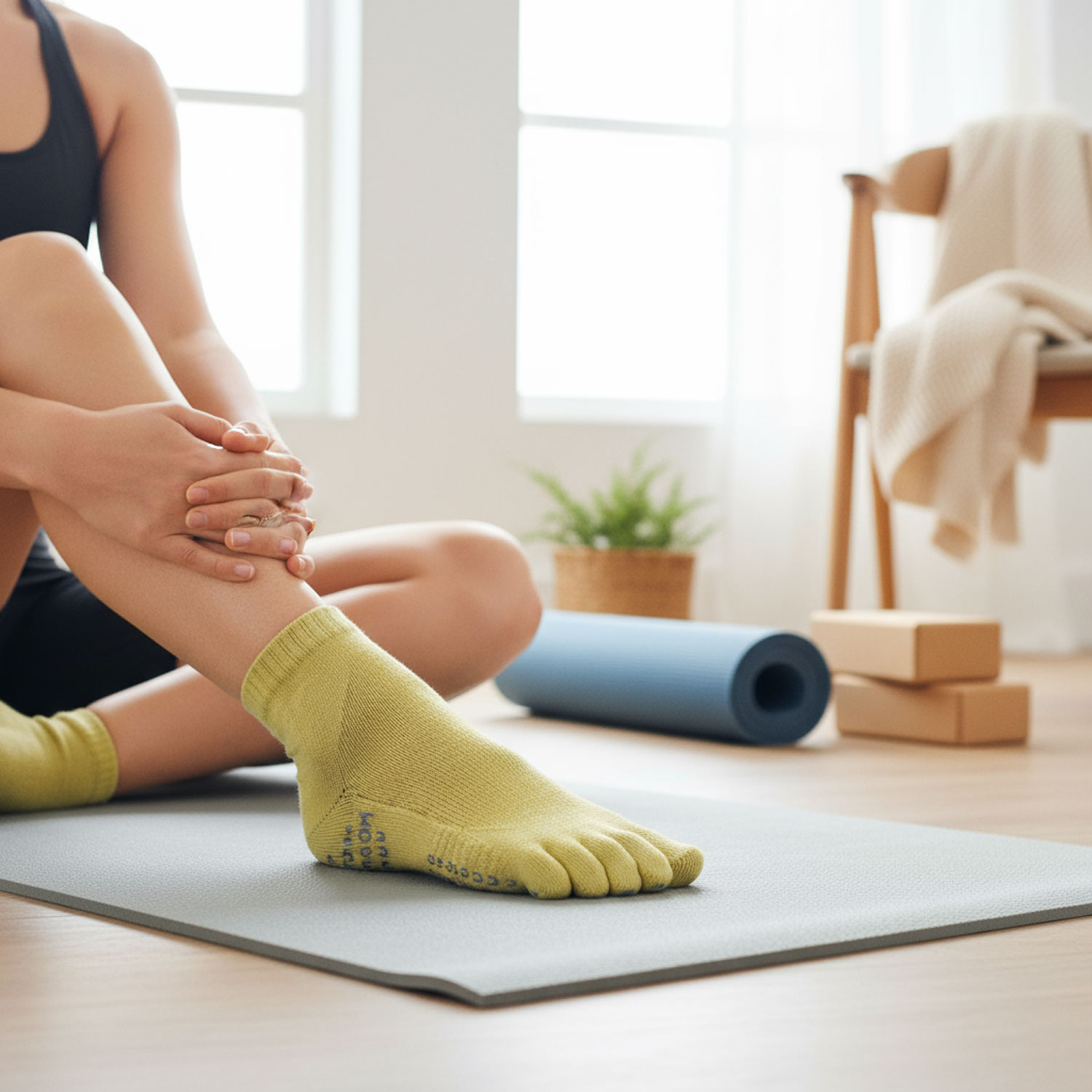Person sitzt auf einer Yogamatte mit Zehensocken, bereit für Yoga.