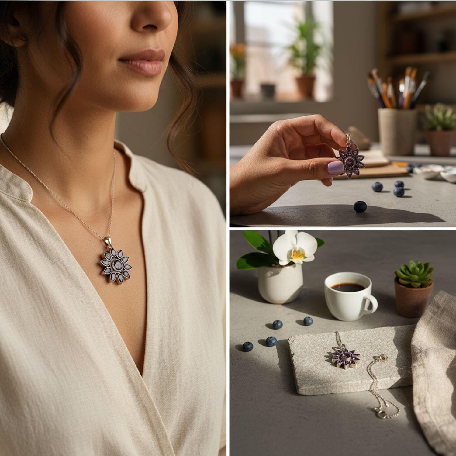 Amethyst-Mandala-Anhänger aus 925 Sterling Silber – getragen, Detail & Flatlay Collage: Mandala-Anhänger aus 925 Sterling Silber mit Amethyst (Ø ca. 2 cm) – getragen an einer Frau, Detailaufnahme in der Hand, Flatlay mit Kette neben Kaffee, Orchidee, Sukkulente und Blaubeeren.