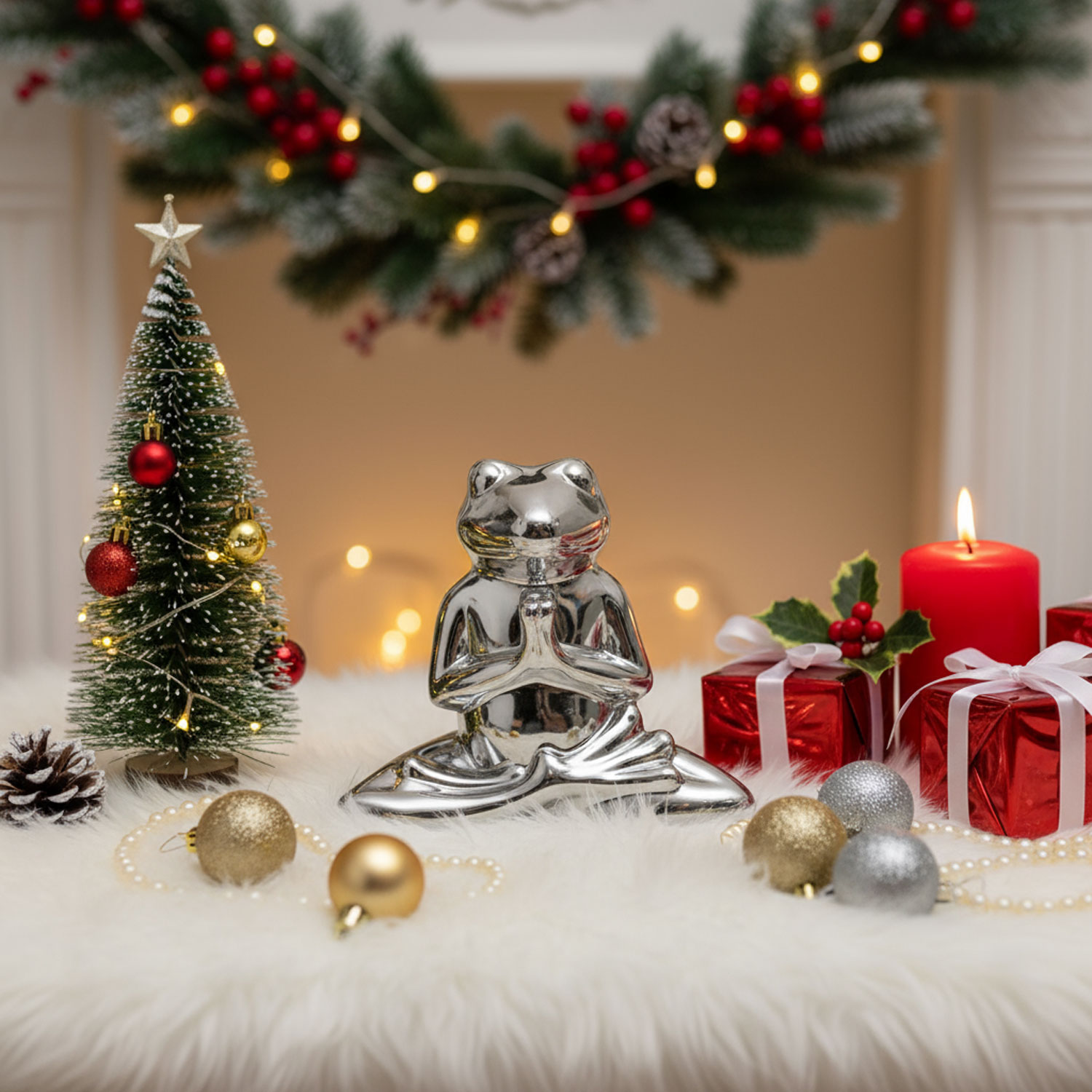 Yoga Weihnachtsfrosch inmitten der Deko Yoga Frosch Geschenkidee für Weihnachten