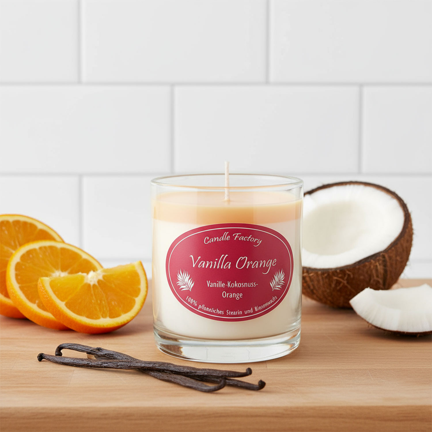 Duftkerze im Glas mit Vanille, Orange und Kokosnuss