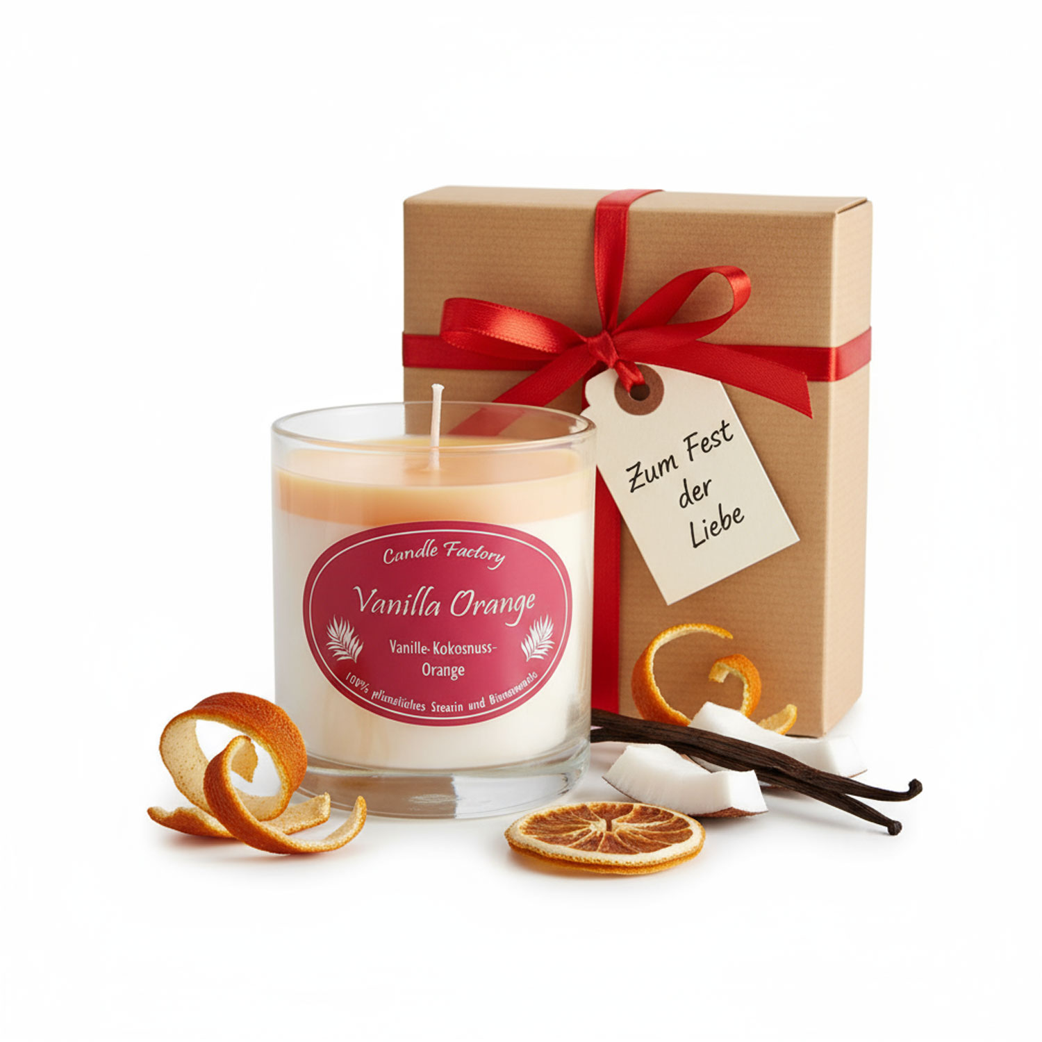 Duftkerze im Glas mit Vanille-Orange-Duft und Geschenkbox mit rotem Band