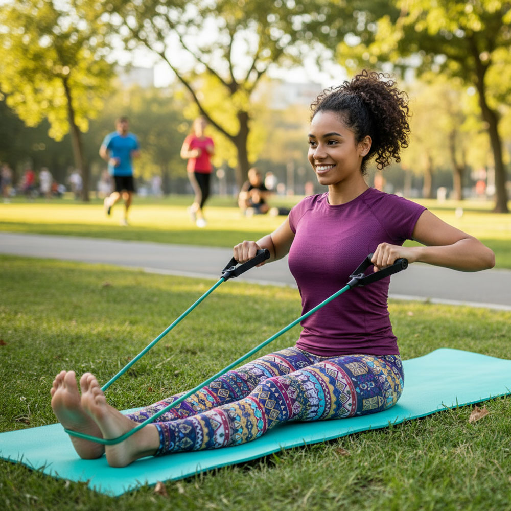 Frau macht Fitnessübungen mit einem Widerstandsband auf einer Matte im Park.
