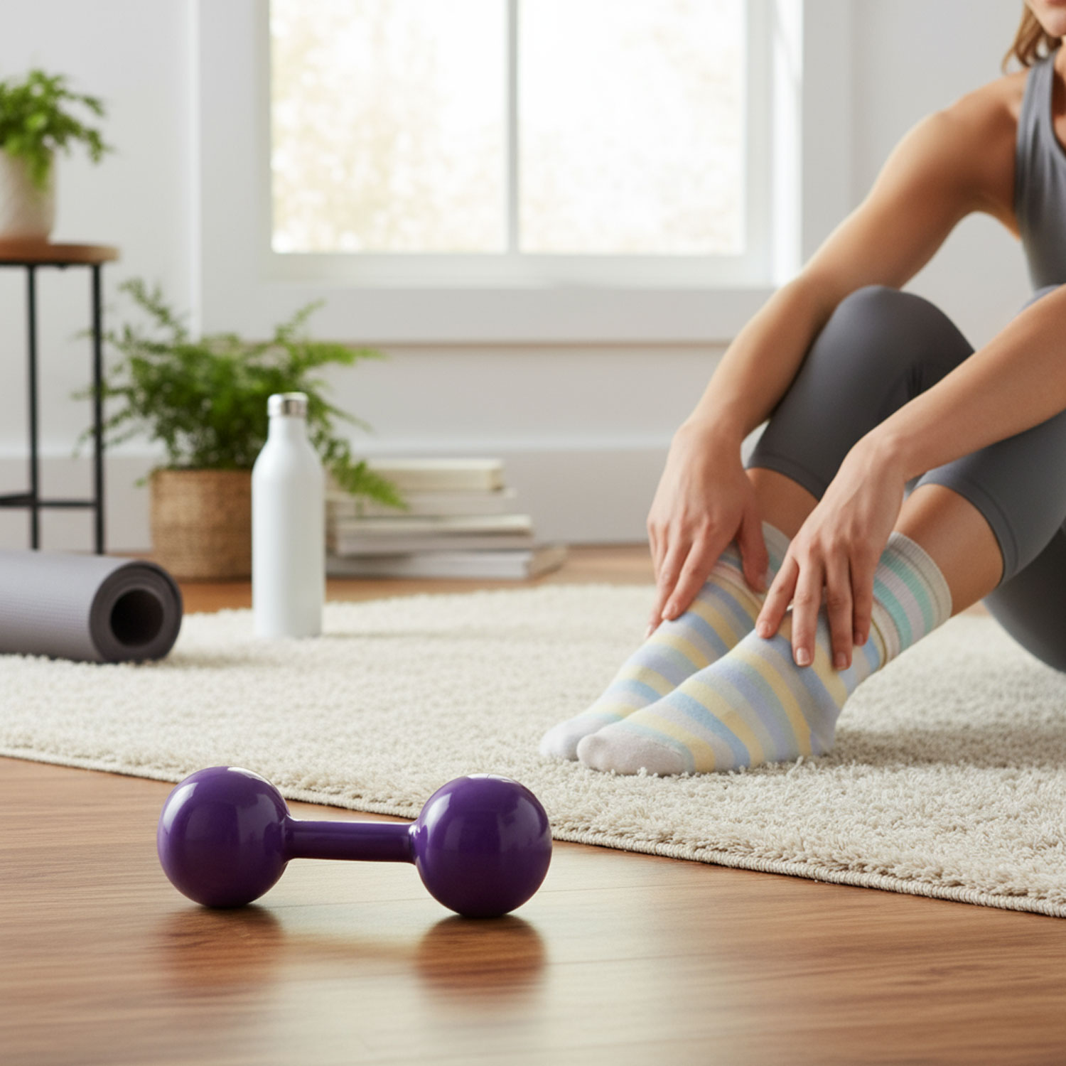 Person in Sportkleidung sitzt auf einem Teppich, eine Hantel liegt neben ihr und im Hintergrund sind eine Wasserflasche, eine Yogamatte und Pflanzen sichtbar.