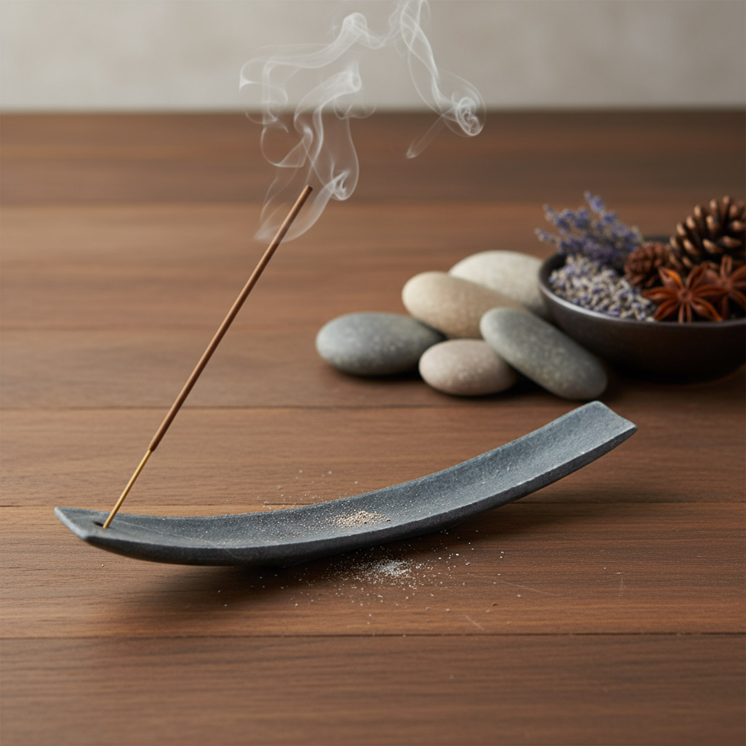 Brennendes Räucherstäbchen auf Halter mit Steinen und Gewürzen