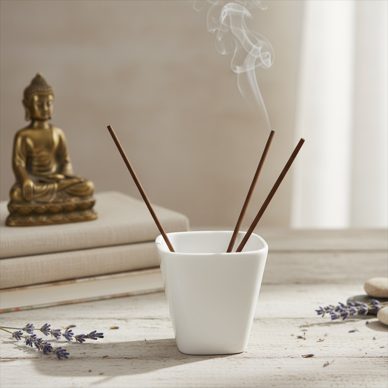 Drei brennende Räucherstäbchen in einem weißen Behälter neben einer Buddha-Statue und Lavendel auf einem Tisch