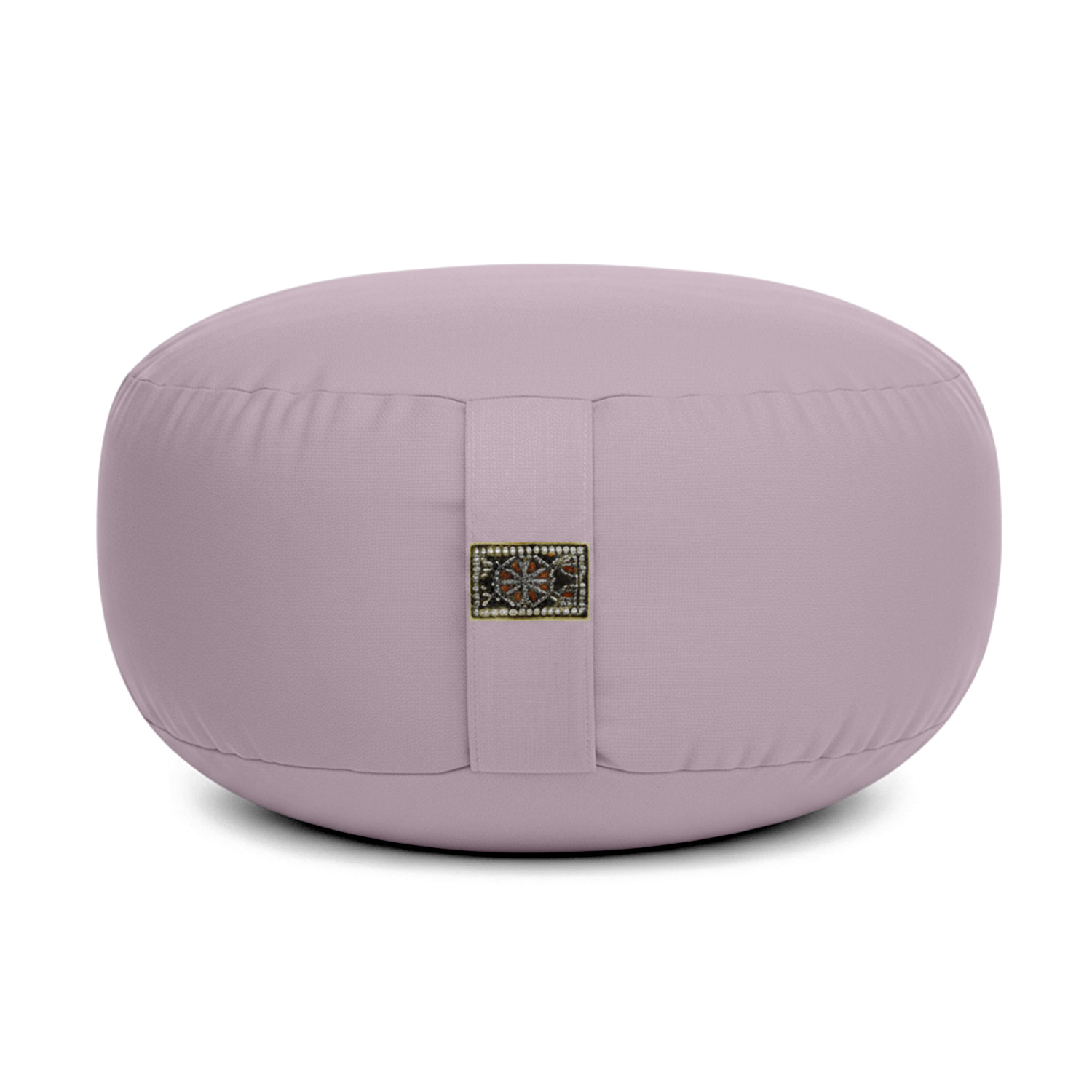 Ein lilafarbenes, rundes Meditationskissen mit einem dekorativen Aufnäher.