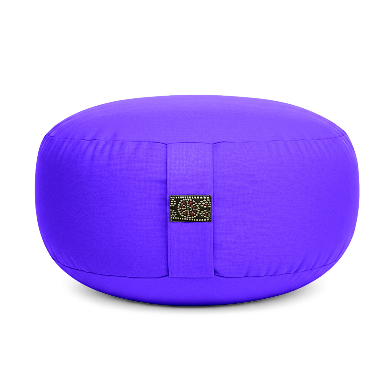 Rundes lila Meditationskissen mit dekorativem Band
