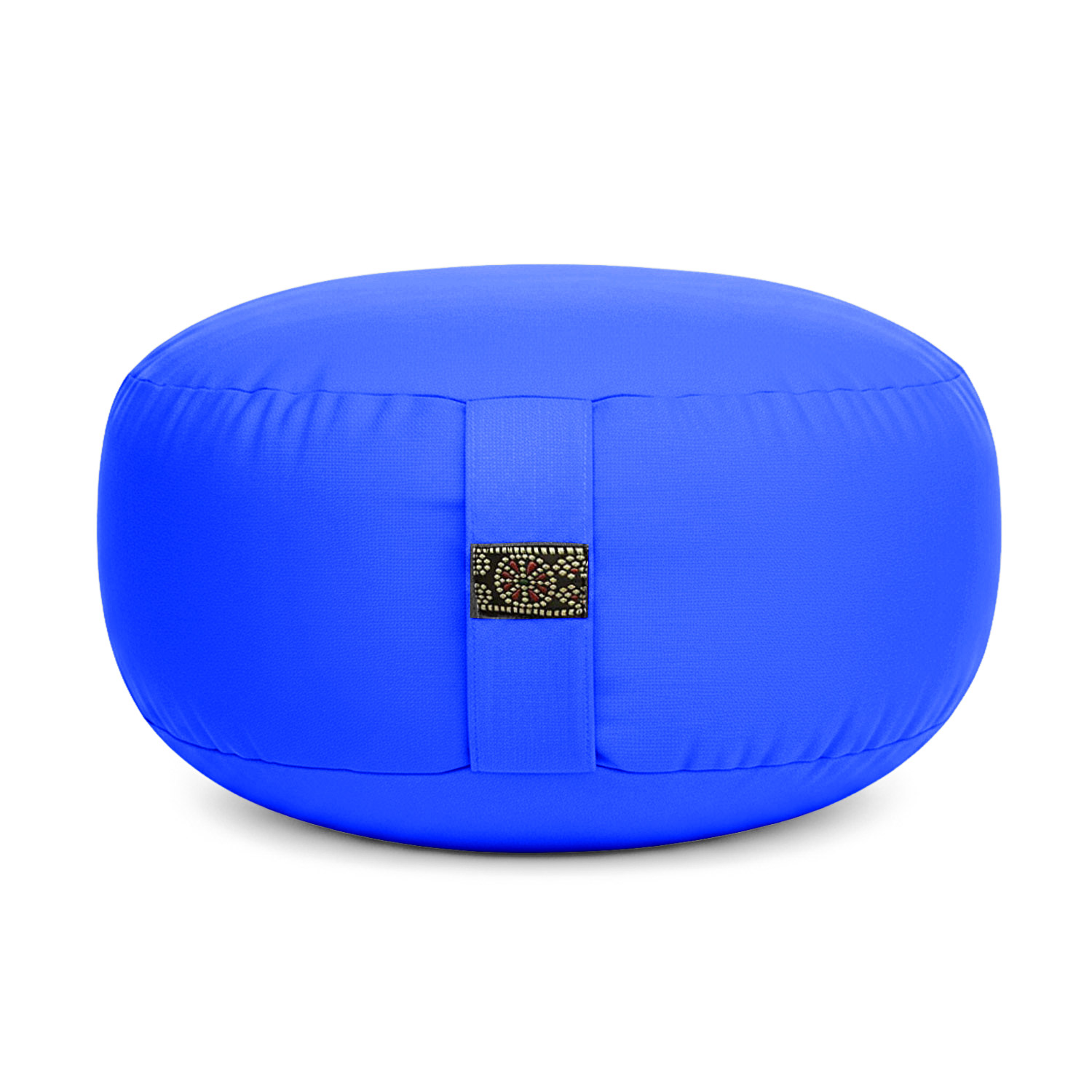 Ein blaues, rundes Meditationskissen mit kleinem Muster auf dem Griff.