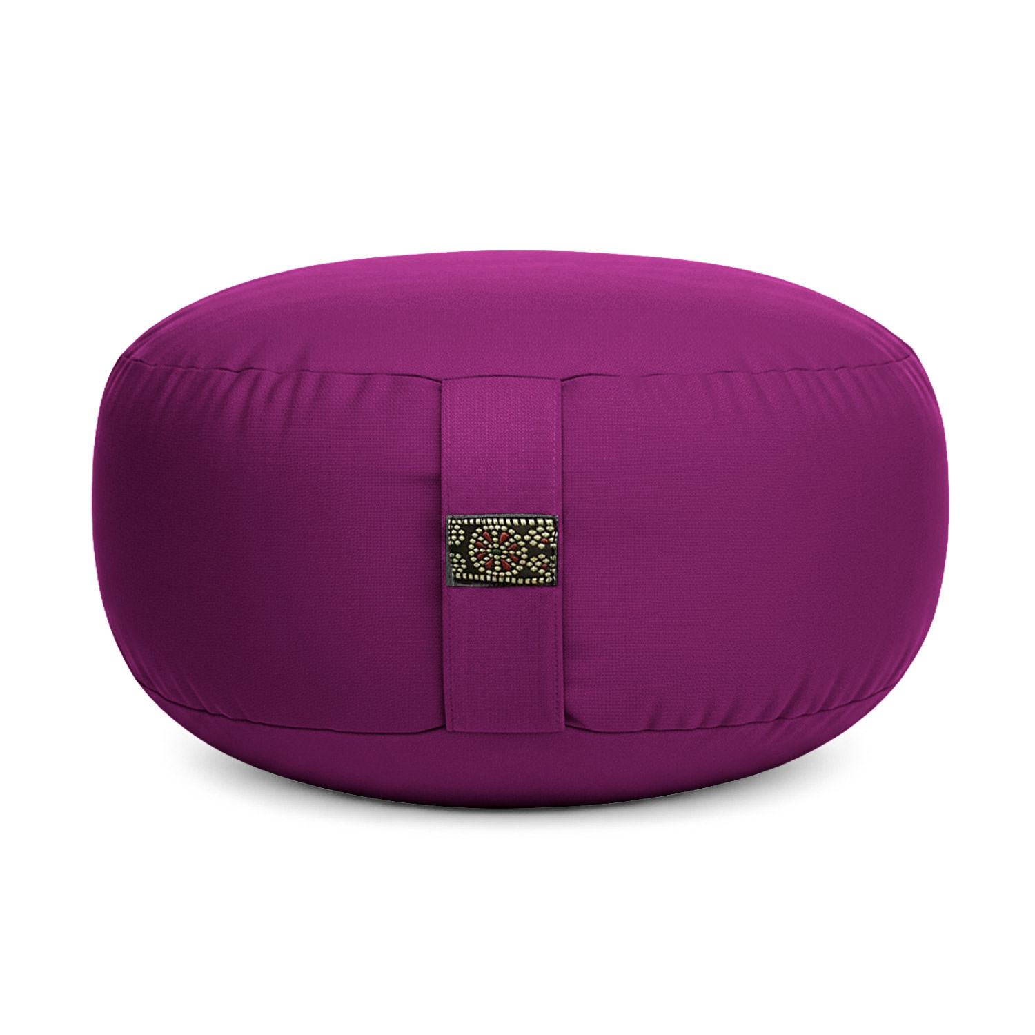 Rundes lila Yogakissen mit dekorativem Emblem.