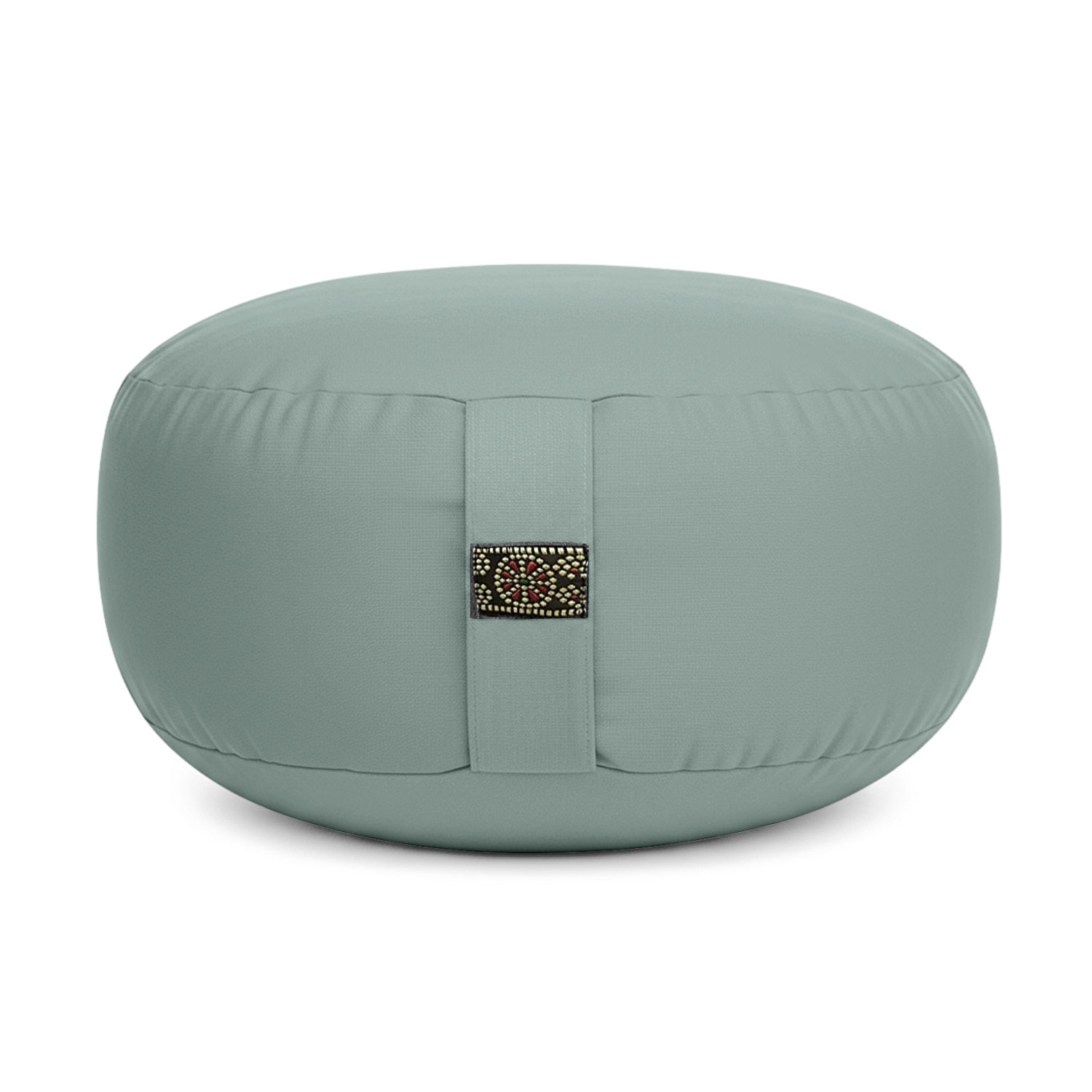 Grünes rundes Meditationskissen mit dekorativem Muster auf einem Band