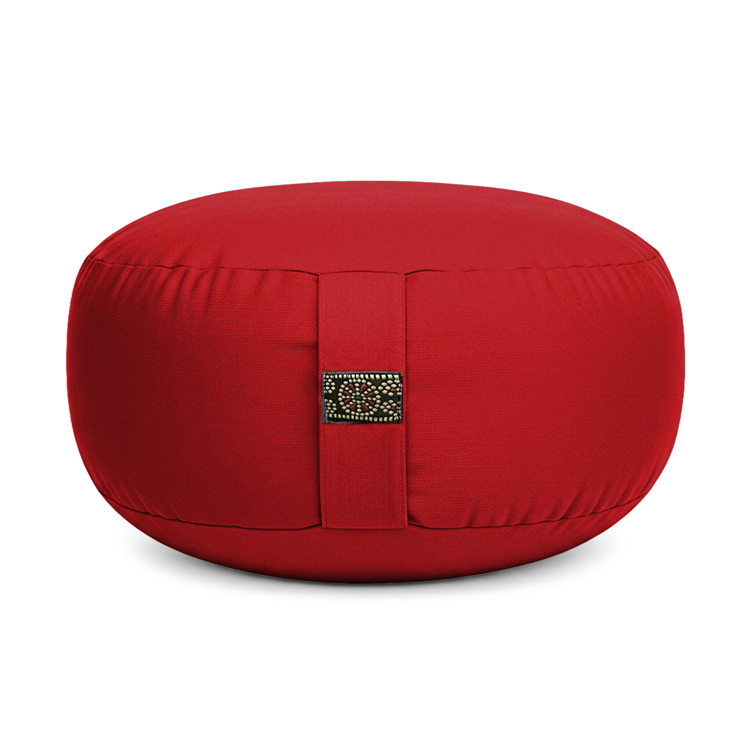 Ein rotes Meditationskissen mit einem dekorativen Griff auf der Vorderseite.