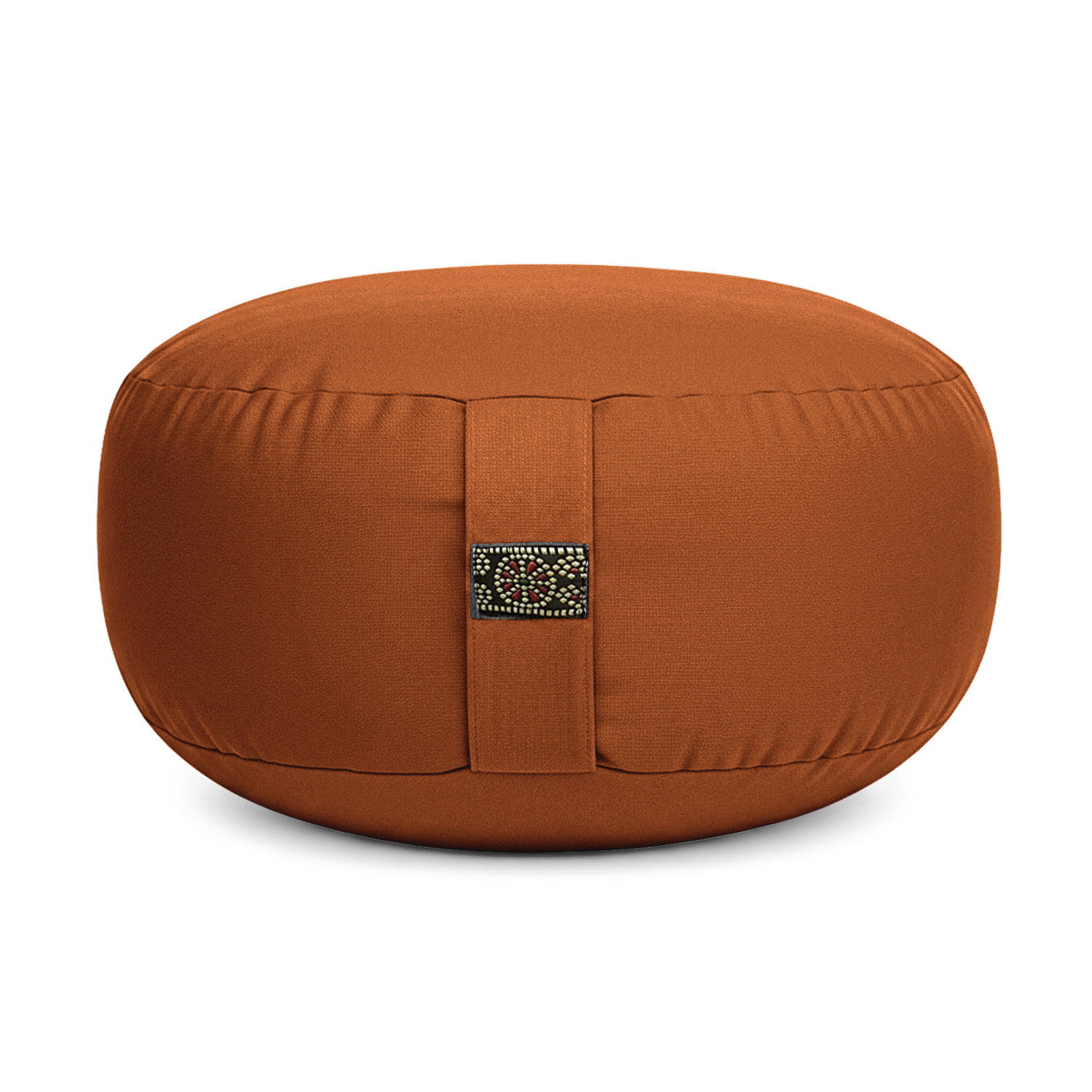 Ein rundes braunes Sitzkissen mit einem Tragegriff und dekorativem Muster