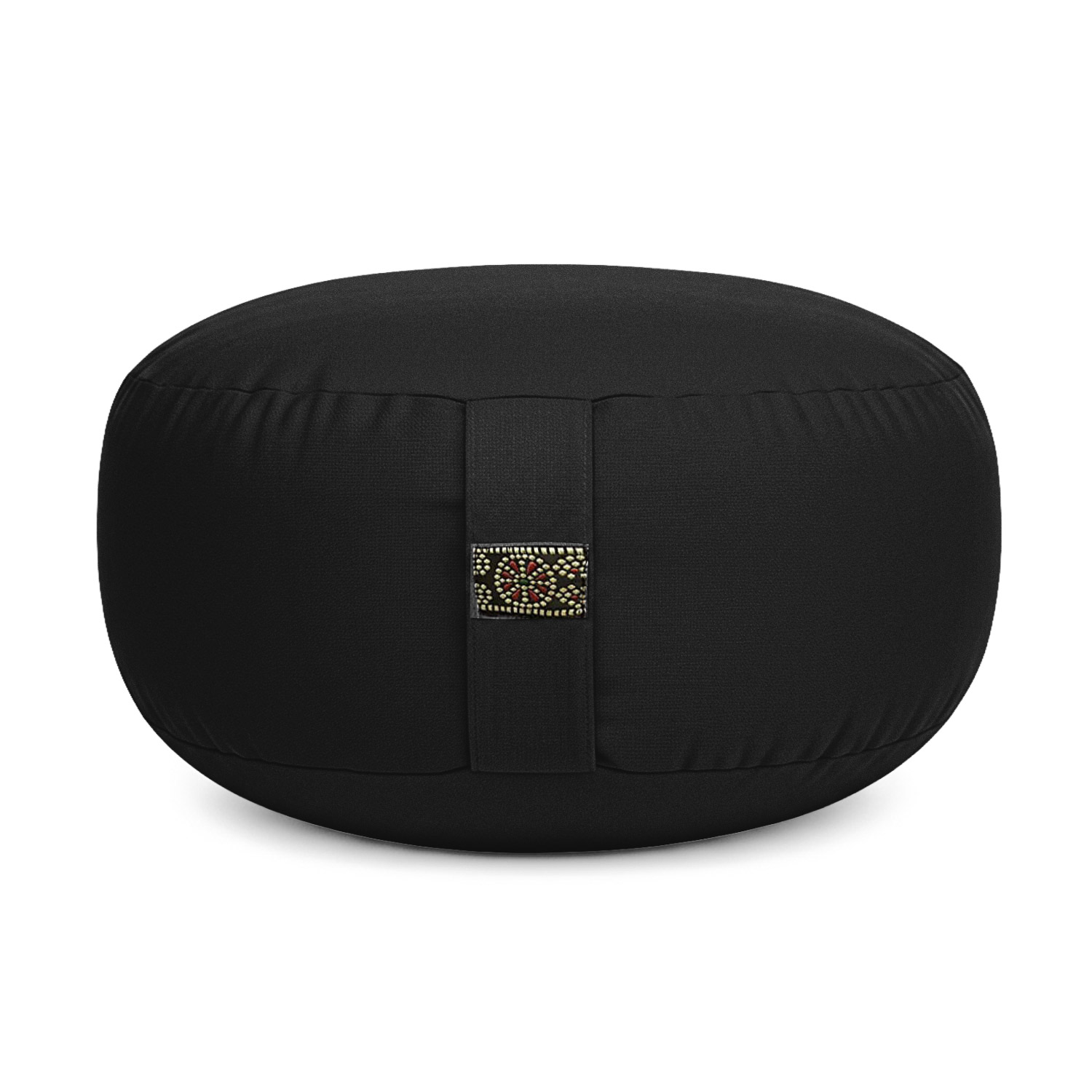 Schwarzes rundes Meditationskissen mit dekorativem Detail