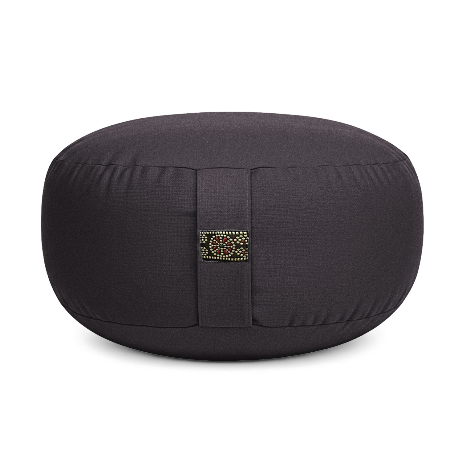 Rundes Anthrazit farbiges Meditationskissen mit einem mittleren Band und Verzierungen